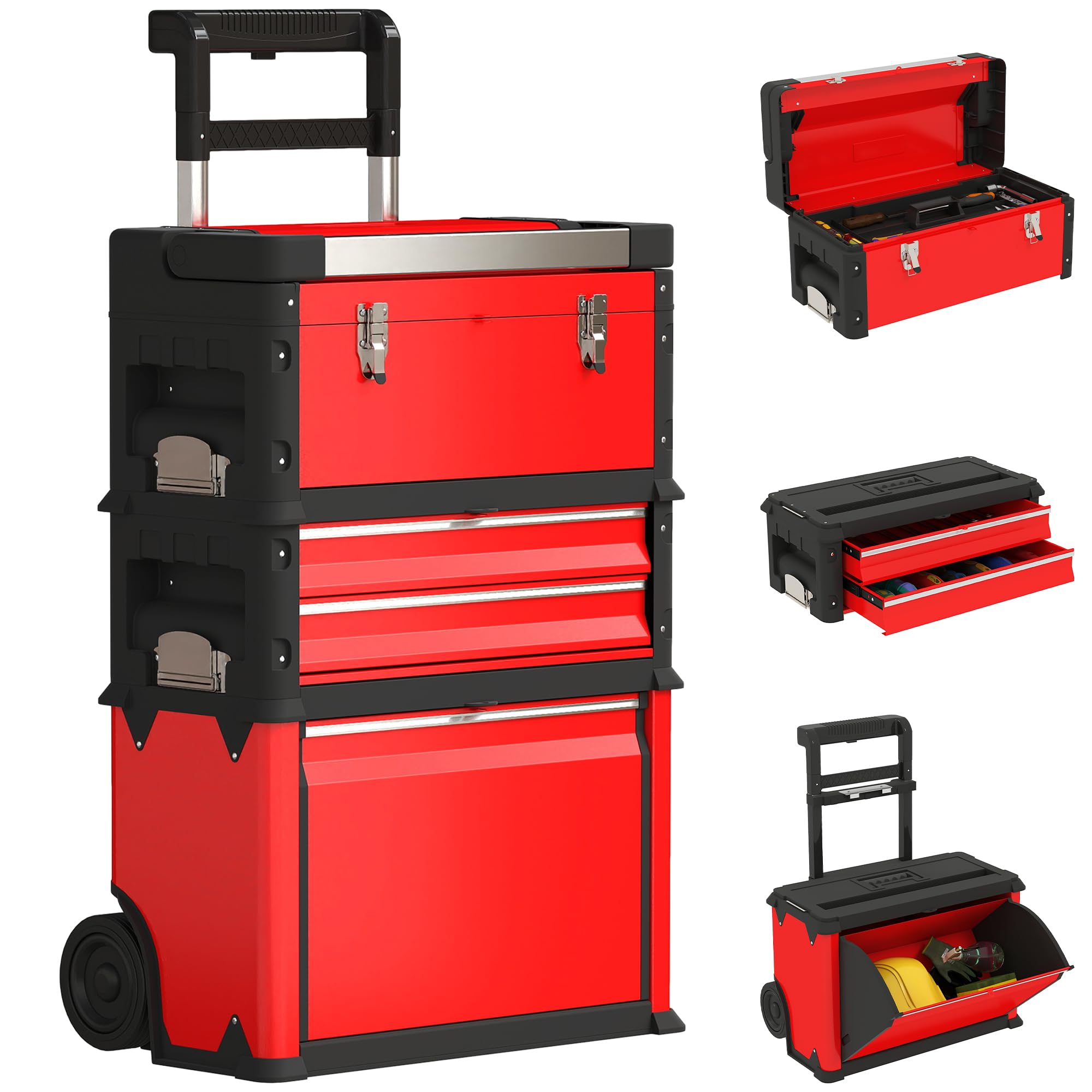 HOMCOM Carro de taller con maletín de herramientas vacío con 3 unidades modulares, carro para almacenamiento de herramientas, caja de herramientas con asa, acero, color rojo