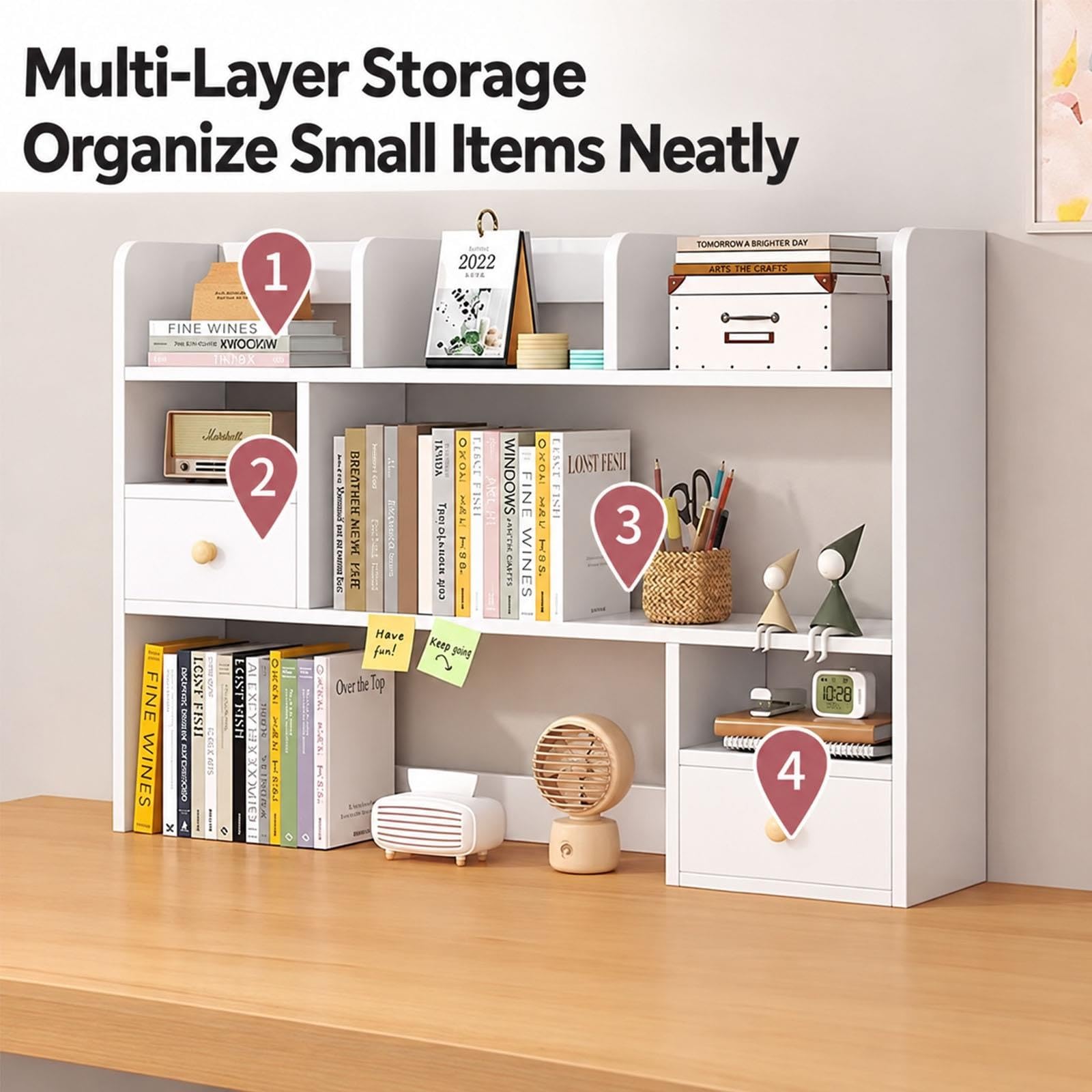 Desktop Bookshelf with Drawers, 3-Tier Wooden Desk Organizer Shelf