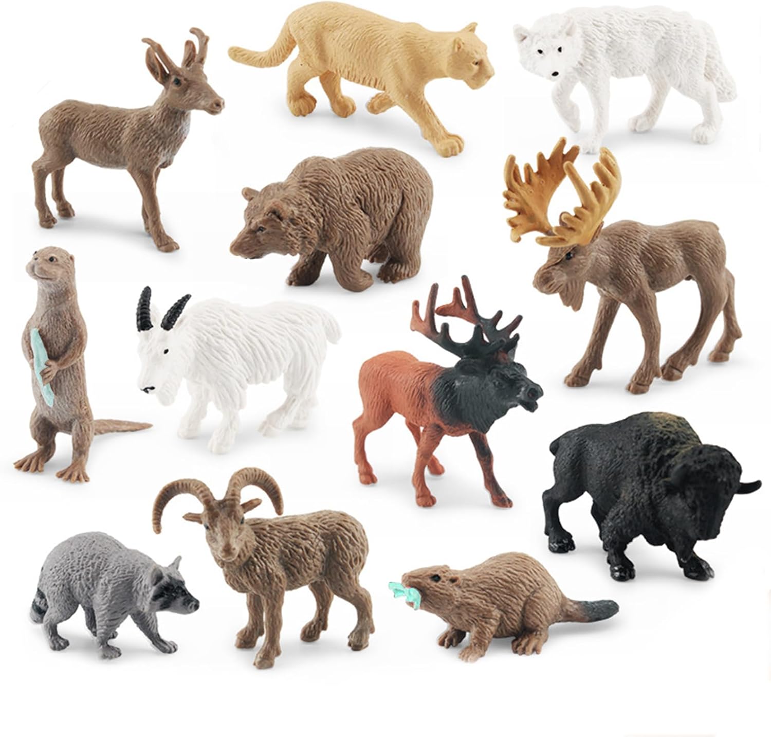 1-2 Inch North American Animals Set Mini Wild Animals Figurines Set Plastic Wolf Figure Moose Figure Toy Gift for Kid Toddlers Raccoon for Cake Topper