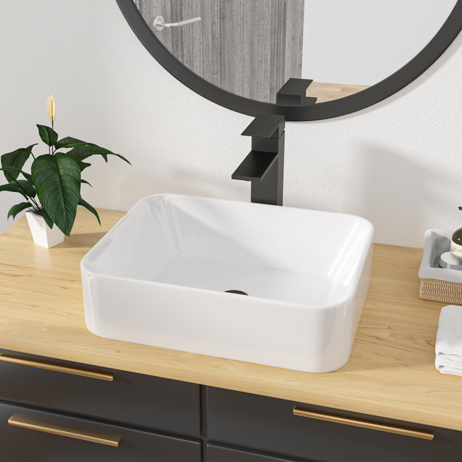 Kichae - Lavandino da bagno rettangolare – 48 x 38 cm moderno bianco lavabo da bagno rettangolare sopra il bancone porcellana bianca vaso in ceramica lavabo lavabo artistico