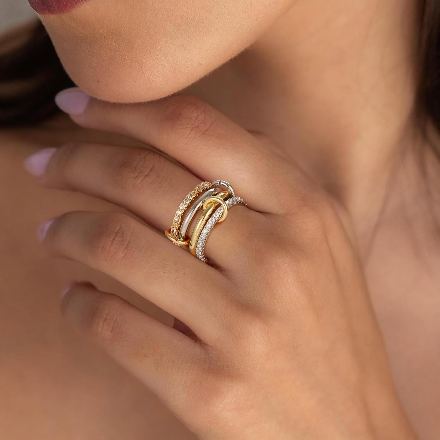 Gold Stackable Rings for Women - 18K Gold Plated Cubic Zirconia Rings for Women Non Tarnish, Silver Gold Multi Ring Mixed Metals Stack Rings Set Women Jewelry Gifts - Image 2