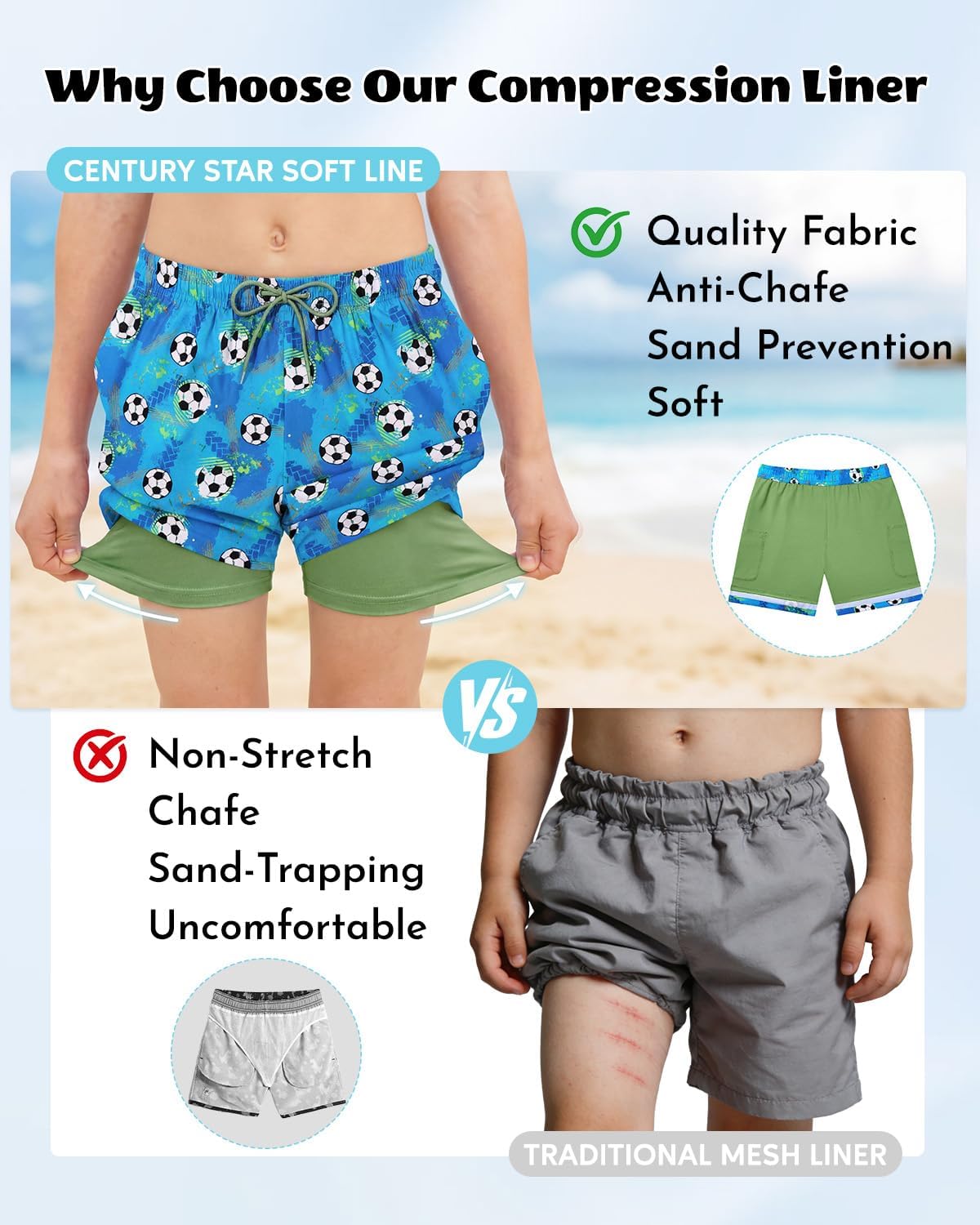 Century Star Boys Swim Trunks with Zipper Pockets-Anti-Chafe Compression Liner Shorts Quick Dry Bathing Suit for 8-16 Years