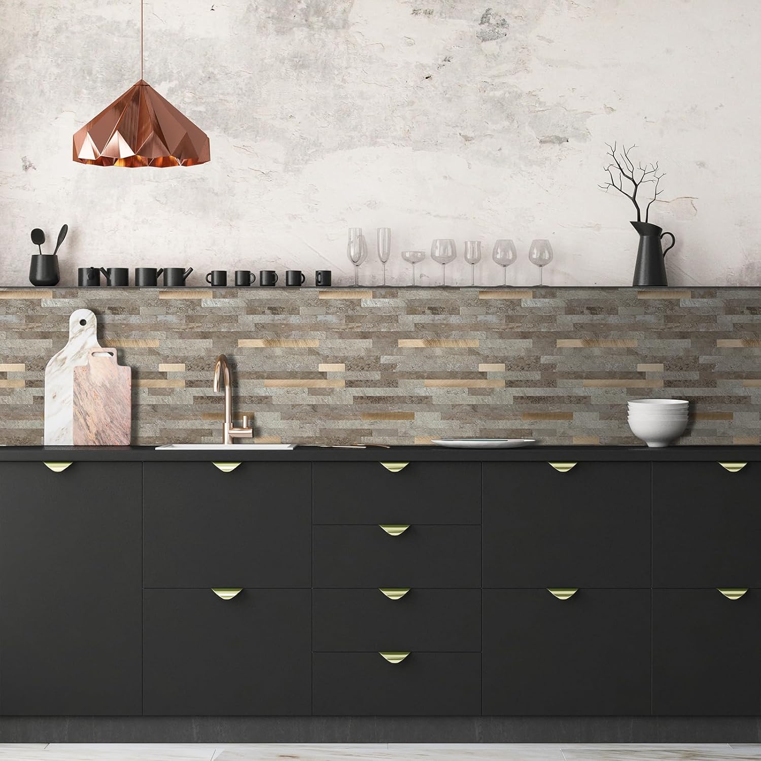 6 Sheets Peel and Stick Marble Backsplash Tiles, Self Adhesive Brown Mixed Metal Gold Subway Stick on Wall Tiles for Kitchen Laundry Fireplace (11.57" x 11.81", 5.58 sq.ft)