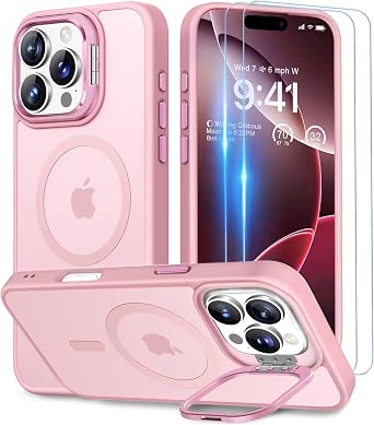 Beeasy for iPhone 16 Pro Max Case with 2 Tempered Glass Screen Protectors [with Stash Stand] [Compatible with Magsafe],Magnetic Phone Case for iPhone 16 Pro Max,6.9 inch Matte Pink