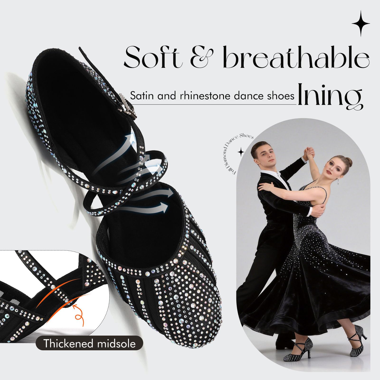Scarpe da Ballo Donna Latino con Strass Punta Chiusa Salsa Ballroom Bachata Tango Scarpe da Ballo