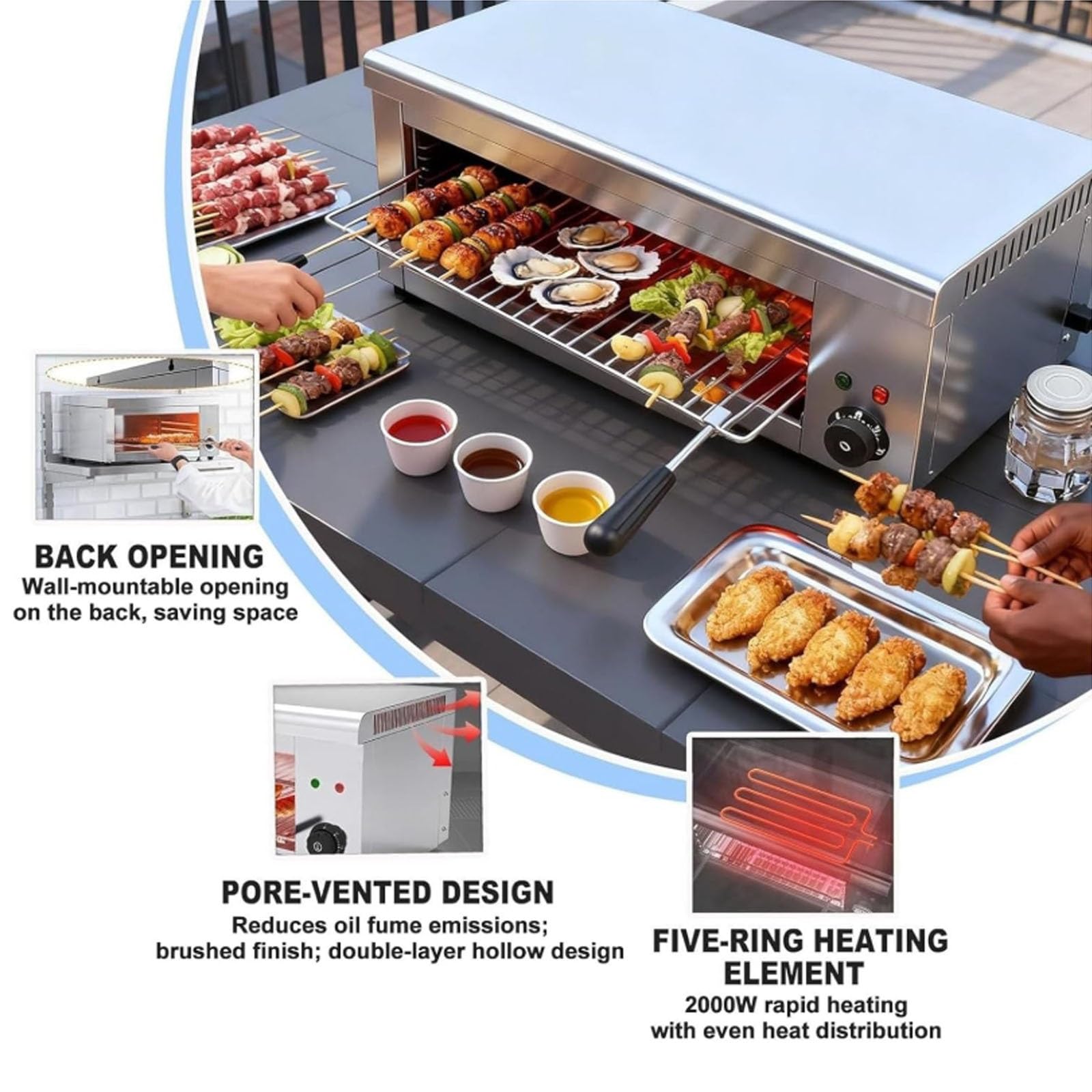 Asador eléctrico for salamandra, horno salamandra comercial de 2000 W, derretimiento de queso eléctrico con temperatura ajustable de 122-572 °F y asador for carne de acero