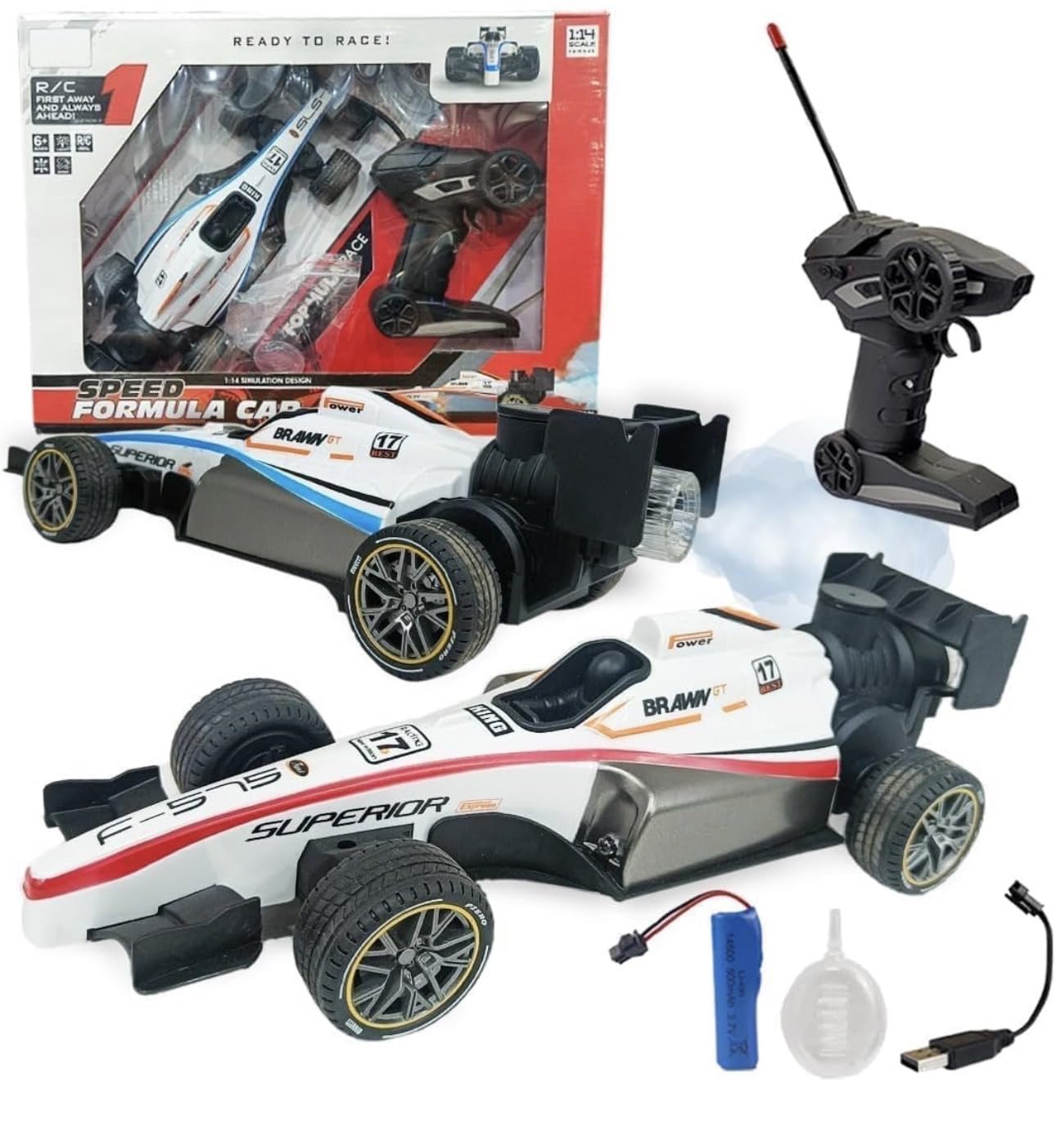Speed Formula 1 RC Racing Car, 1:14 Scale, Mist Spraying, Colourful Lights, Rechargable, Rubber Tyres, High Speed, Multi-Directional, Batteries Included-image-48