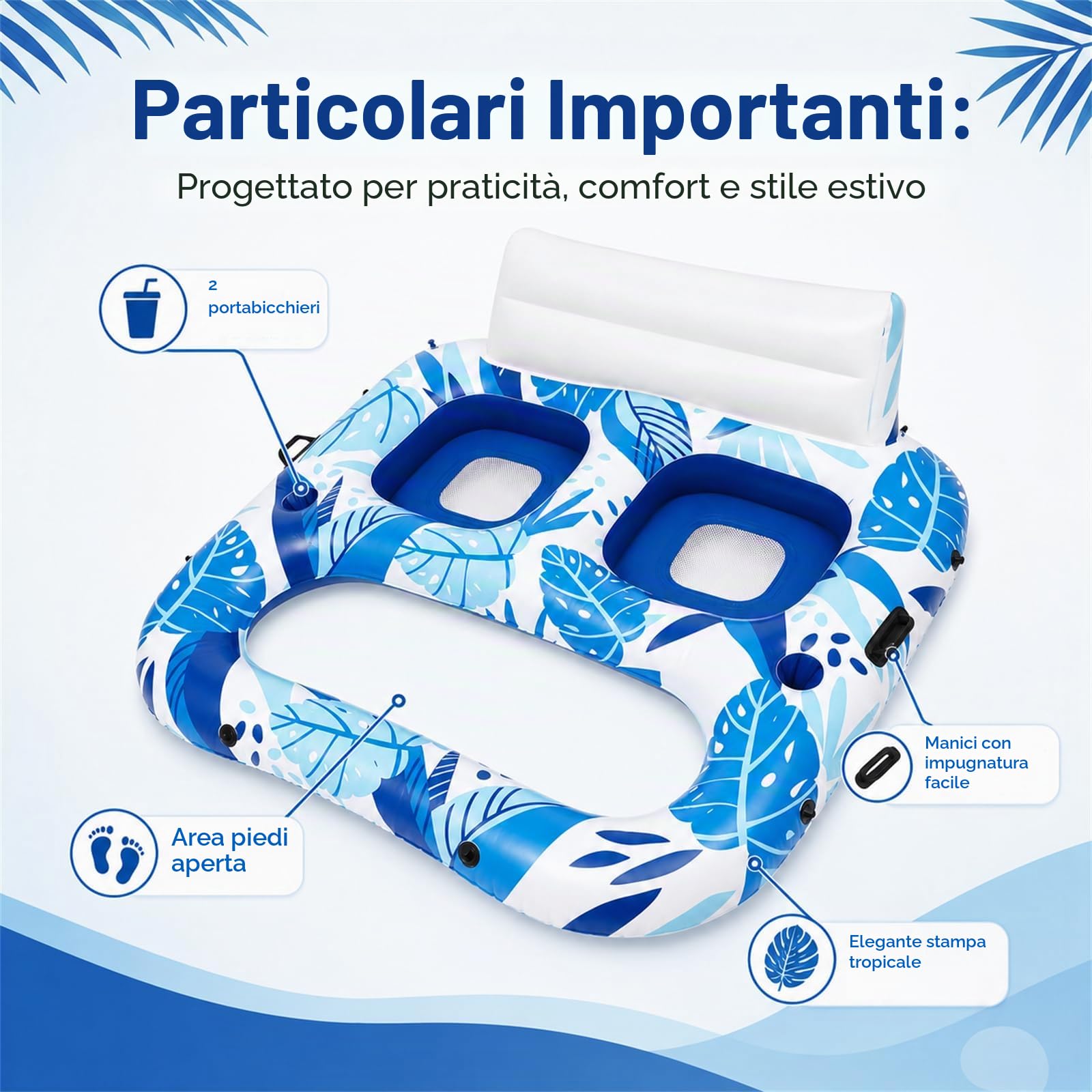 Poltrona gonfiabile per 2 persone con ampio schienale | Isola galleggiante, materassino ad aria, portabibite, maniglia, per spiaggia e piscina, per adulti