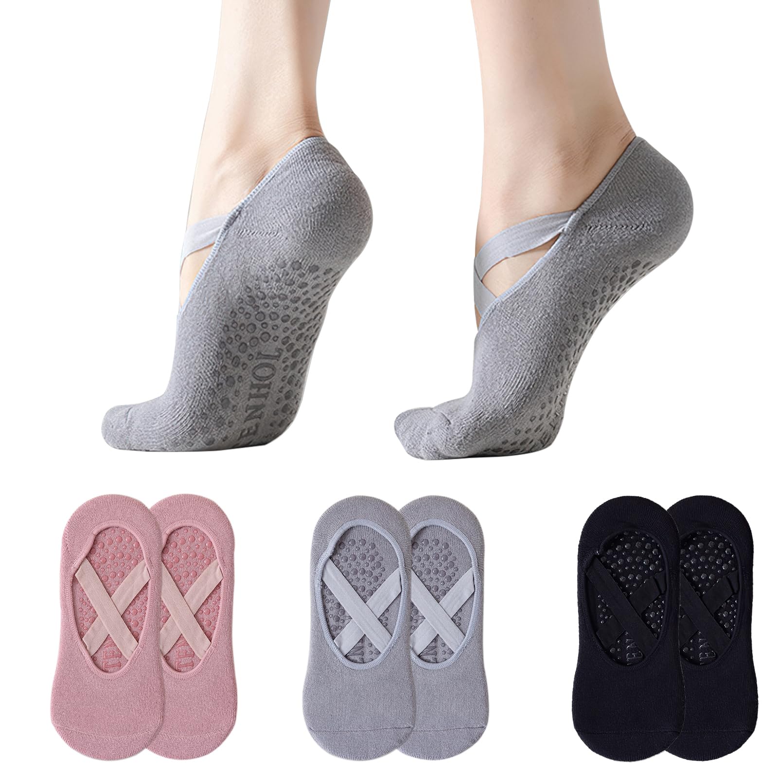 Wlleoaa 3 Pairs Non-Slip Pilates Socks for Women, Pilates Socks, Yoga Grip Sock with Silicone Grips, Pilate Yoga Grip Sock, Ideal for Pilate, Fitness, Barre, Ballet, Barefoot Workout, Dance