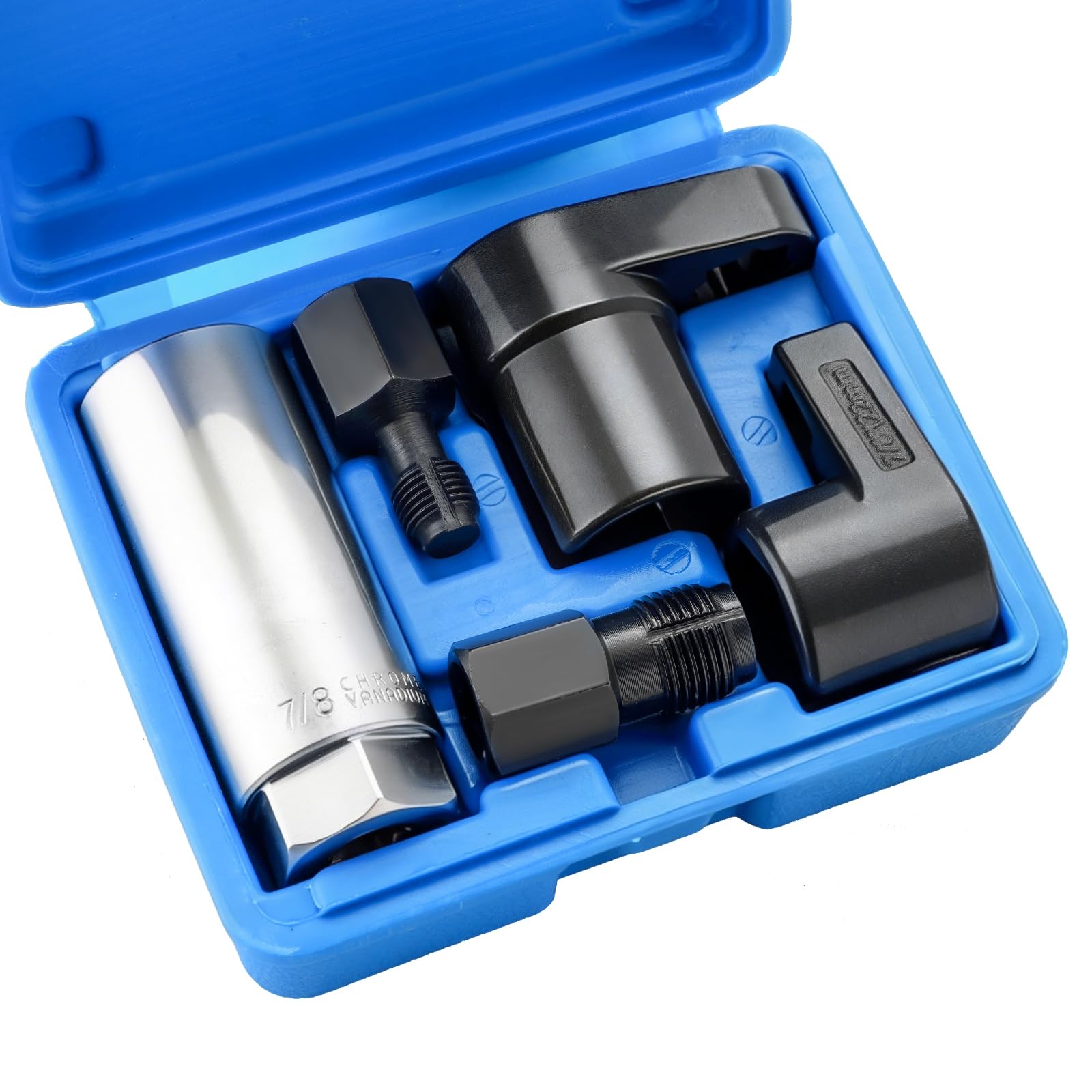 DASBET O2センサーソケット 5点セット酸素センサー脱着工具 自動車用 オフセットレンチ・スレッドチェイサー付き O2センサー／バキュームスイッチ対応 (青)