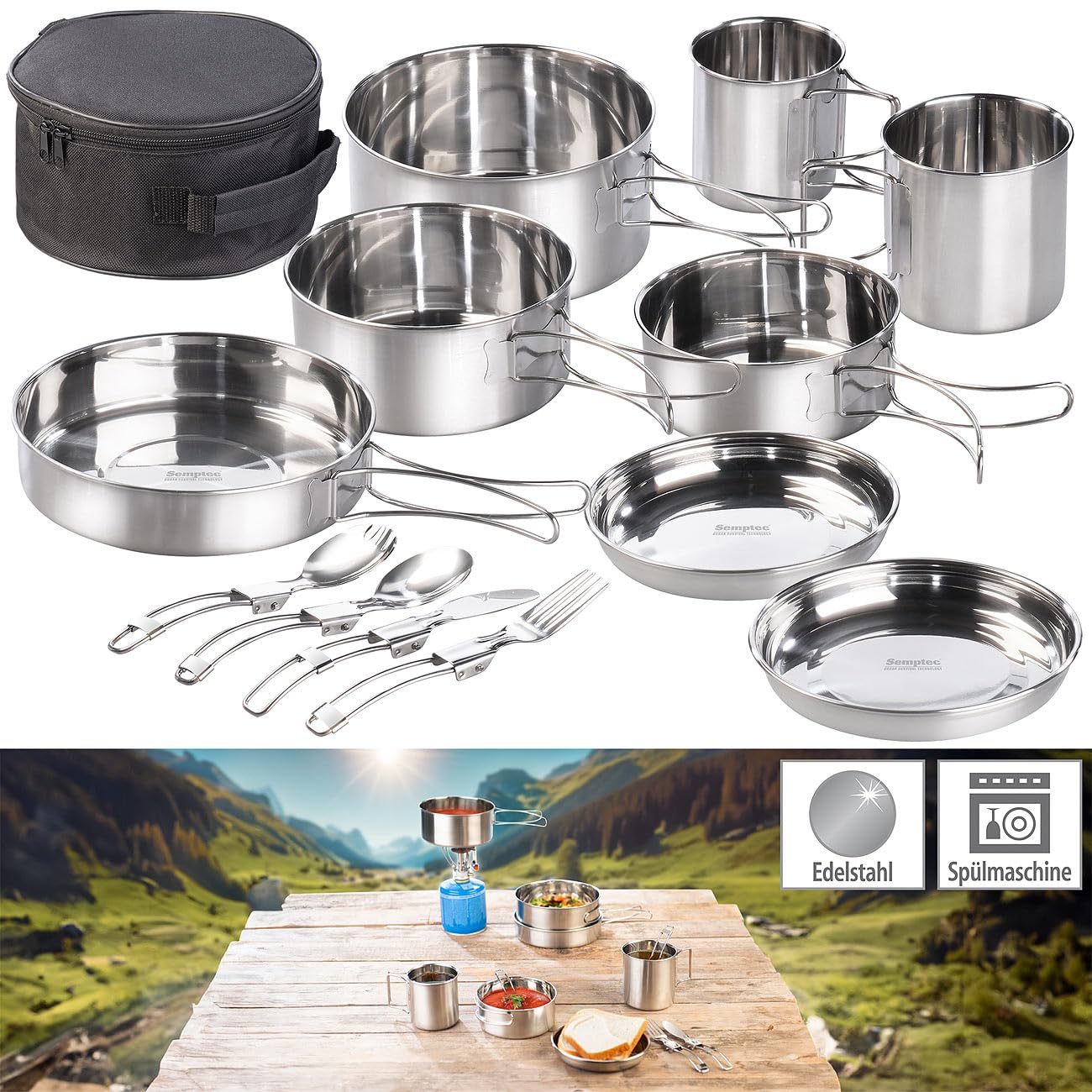 Semptec Urban Survival Technology Camping Geschirr: 12-teiliges Edelstahl-Campinggeschirr-Komplettset mit Besteck & Tasche (Camping Kochgeschirr, Kochset, Koch)