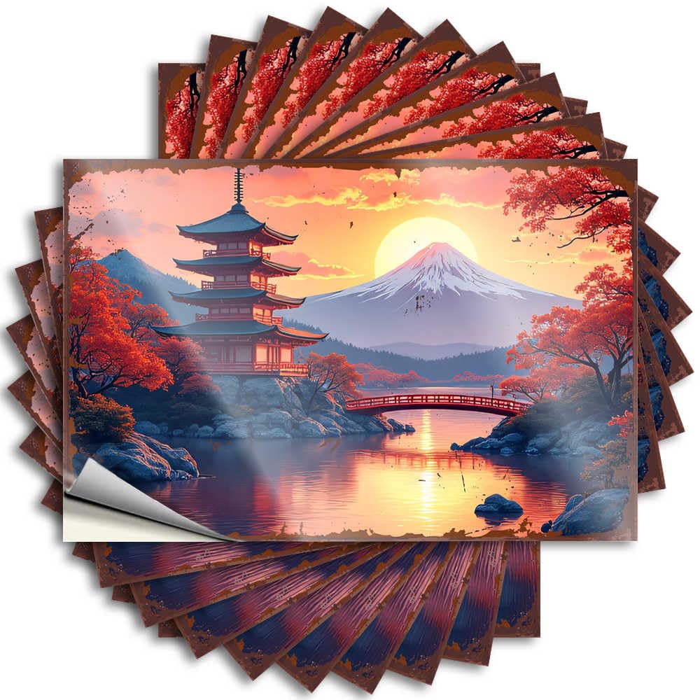 Bath Sets Halloween Tattoo - Japanese Pagoda Sunset: A Serene Landscape with Mount Fuji Wall Waterproof Vinyl Sticker(12X18CM)