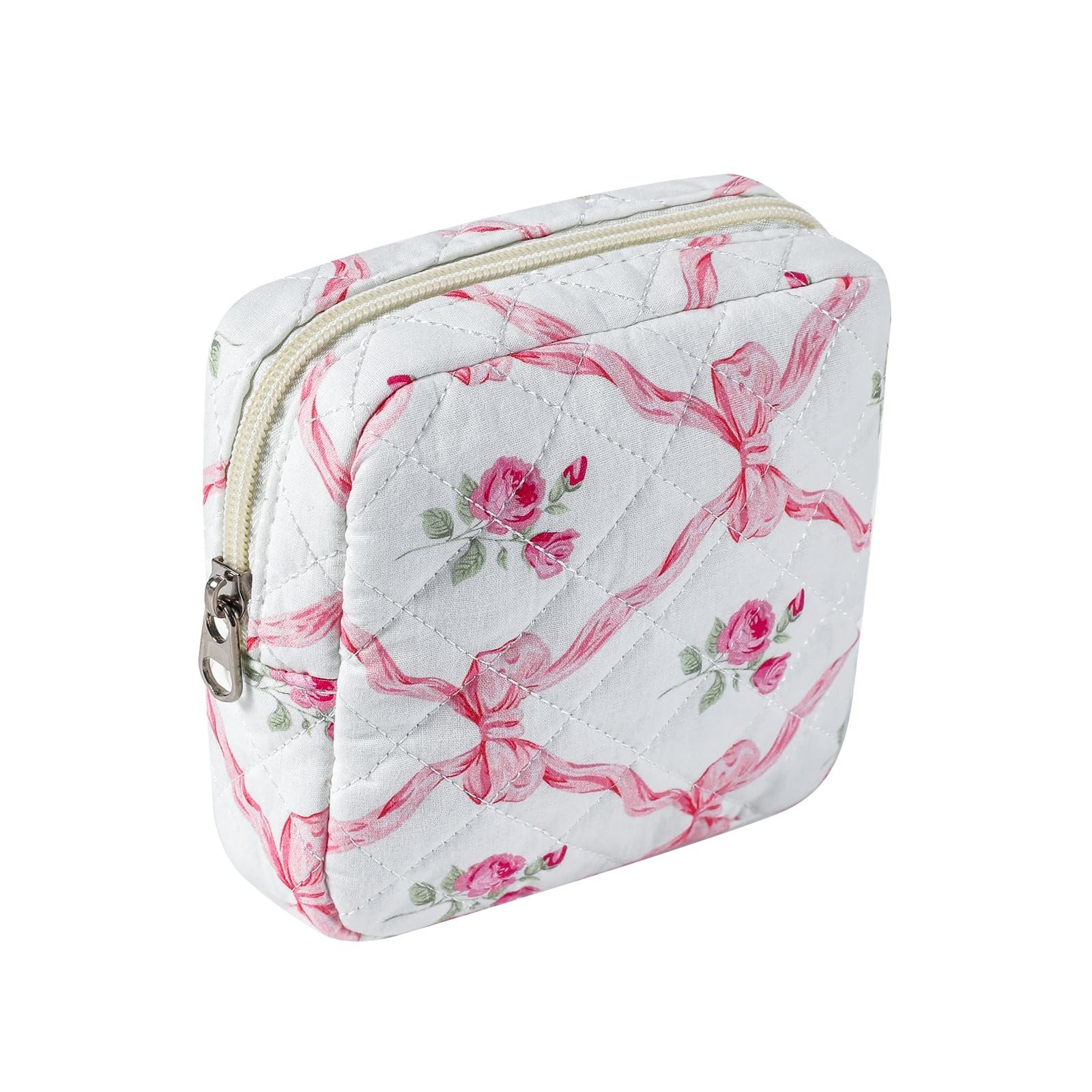 RSRSLEII Small Quilted Cosmetic Pouch for Purse, Mini Cotton Makeup Bag with Compartments, Cute Zipper Lipstick Holder for Women (09Pink Bow)