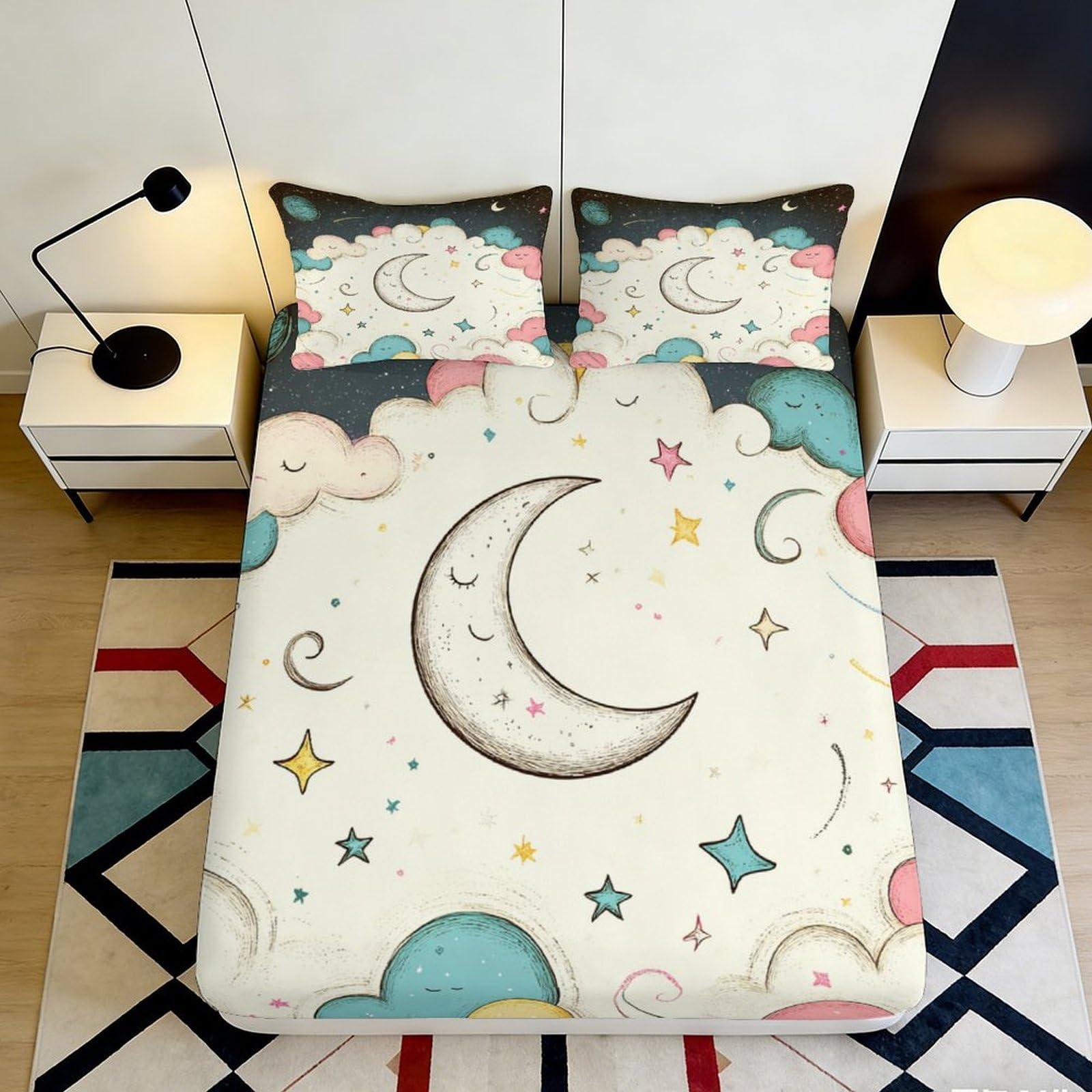 3D Printed Moon and Stars Fitted Sheet Microfiber Soft Breathable Cloud Pattern Mattress Cover for Bedroom Dormitory Guest Room Mattress Protection Decor 200x200x25cm