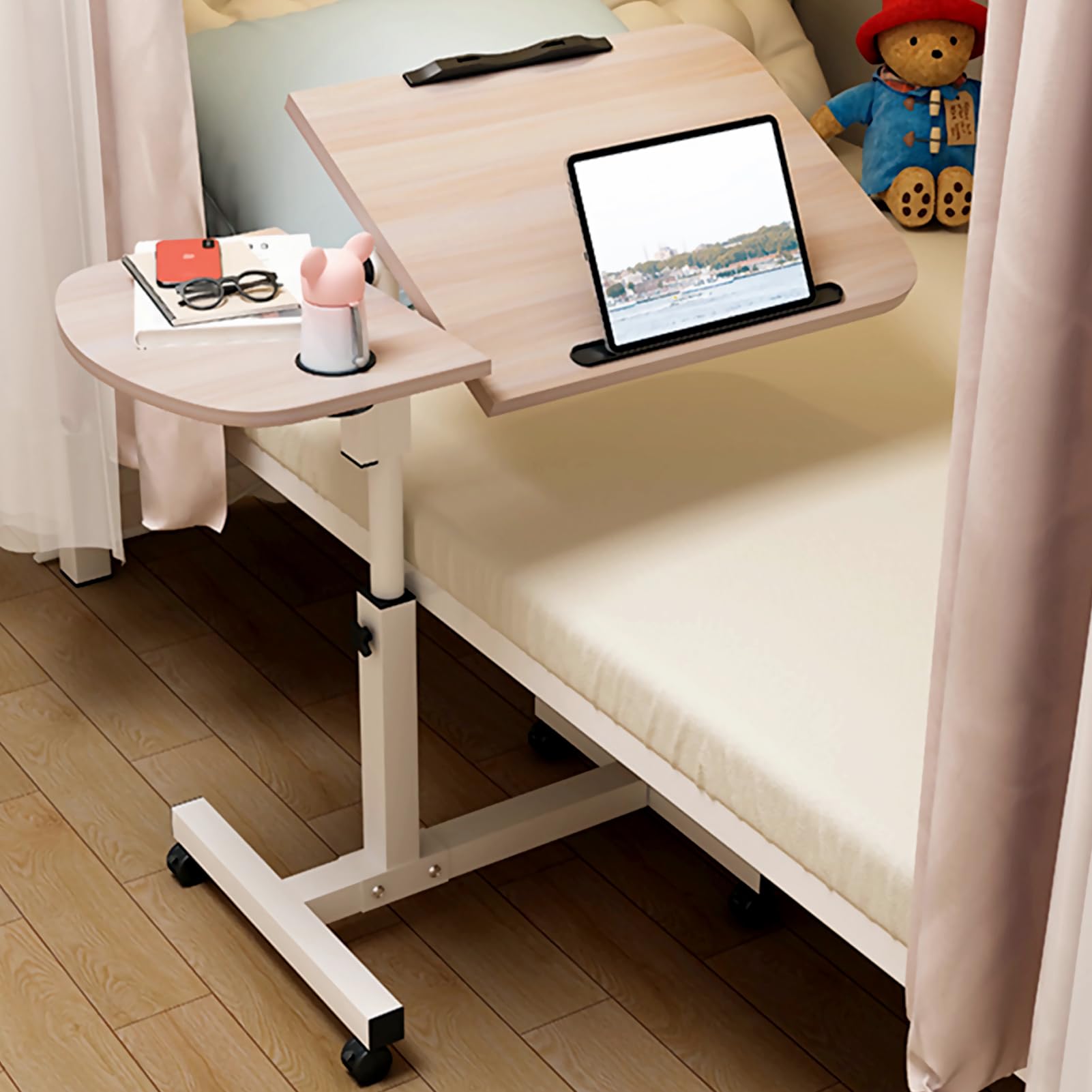 Beauenty Overbed Bedside Desk Mobile Rolling Laptop Stand Height Adjustable Mobile Desk Laptop Stand Sofa Side Table Tilt w/Side Table (Light wood grain)