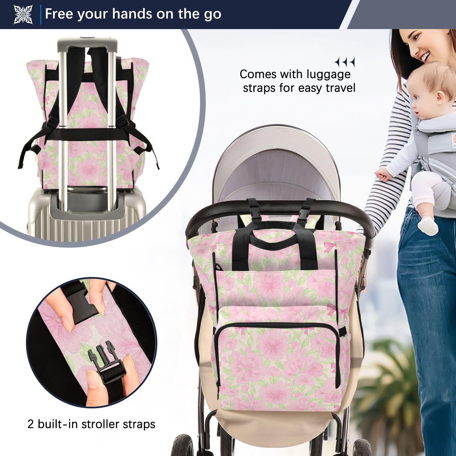 Zaino da viaggio per neonata/ragazzo, ortensie, fiori, fiocchi, rosa