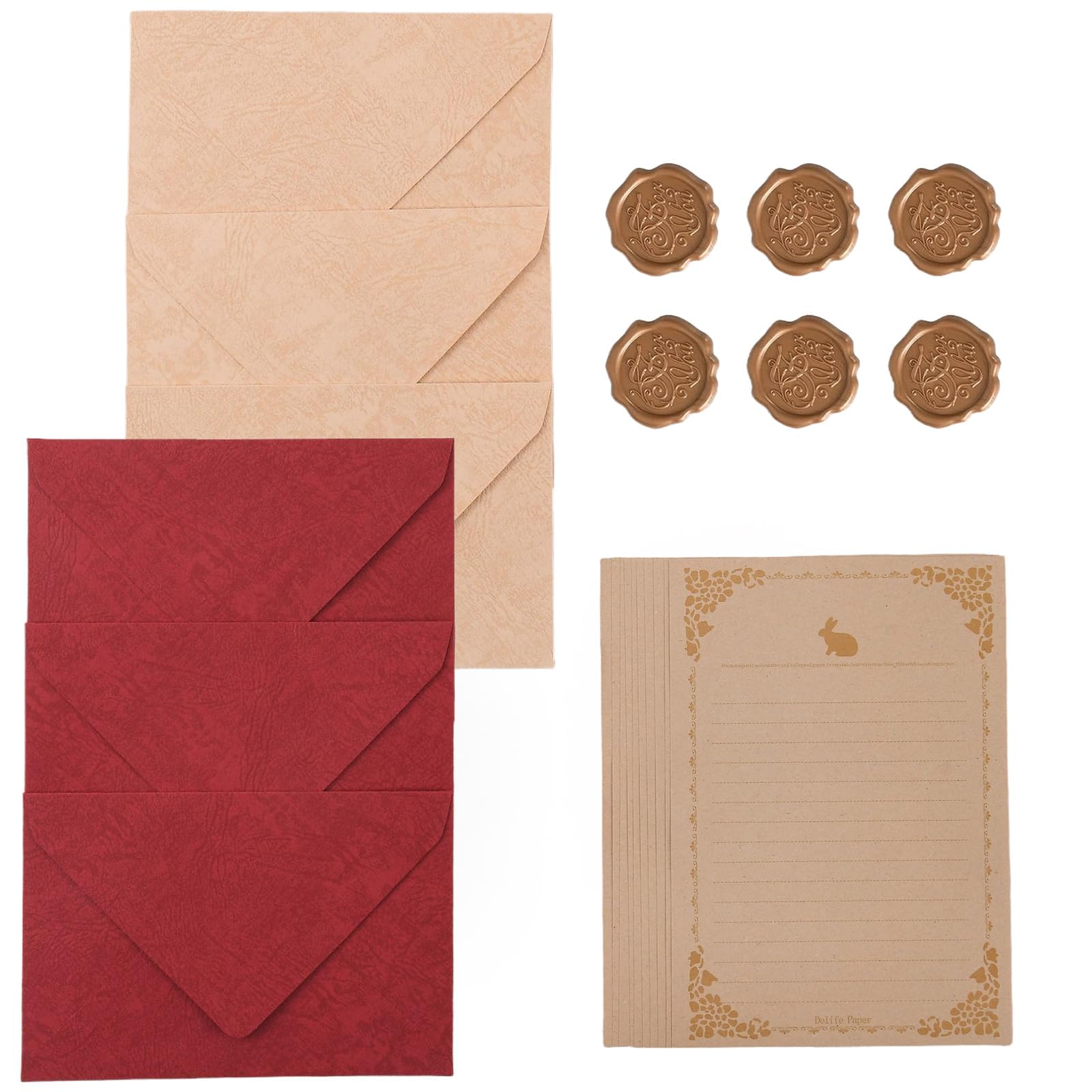 6 Piece Envelope Set with 20 Sheets Letter Paper and 6 Wax Seals, Tree Pattern Envelopes Lace Trim Rabbit Stationery, Writing Kit for Personal Professional Correspondence-image-4