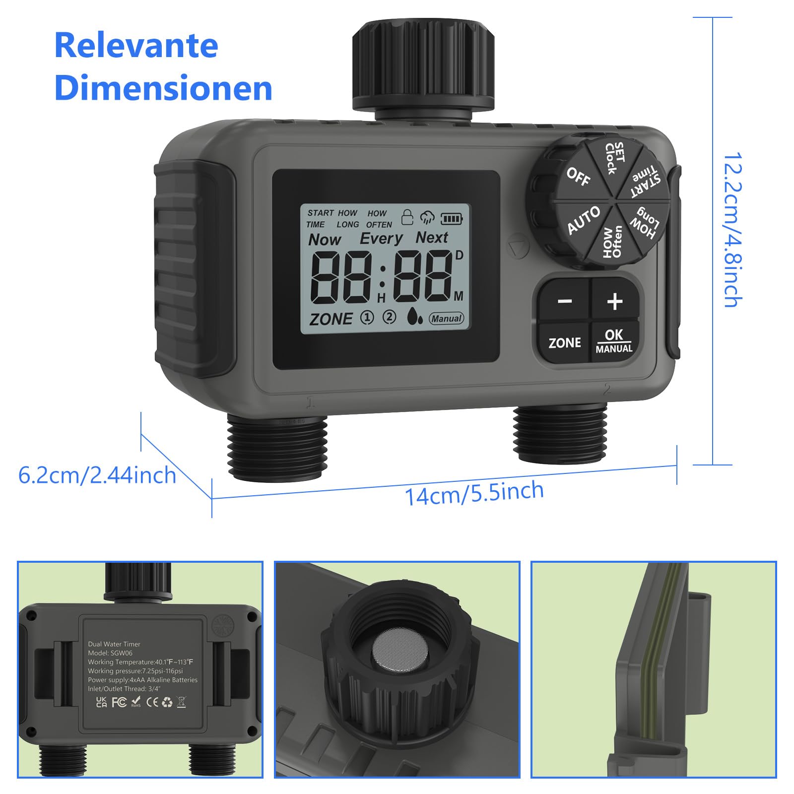 Bewässerungscomputer 2 Ausgänge, Großem LED-Display, Bewässerungs-Timer mit Regenverzögerung/manueller Übersteuerung/Wasserhahn-Timer, geeignet für Gärten, Rasenflächen und Topfpflanzen.