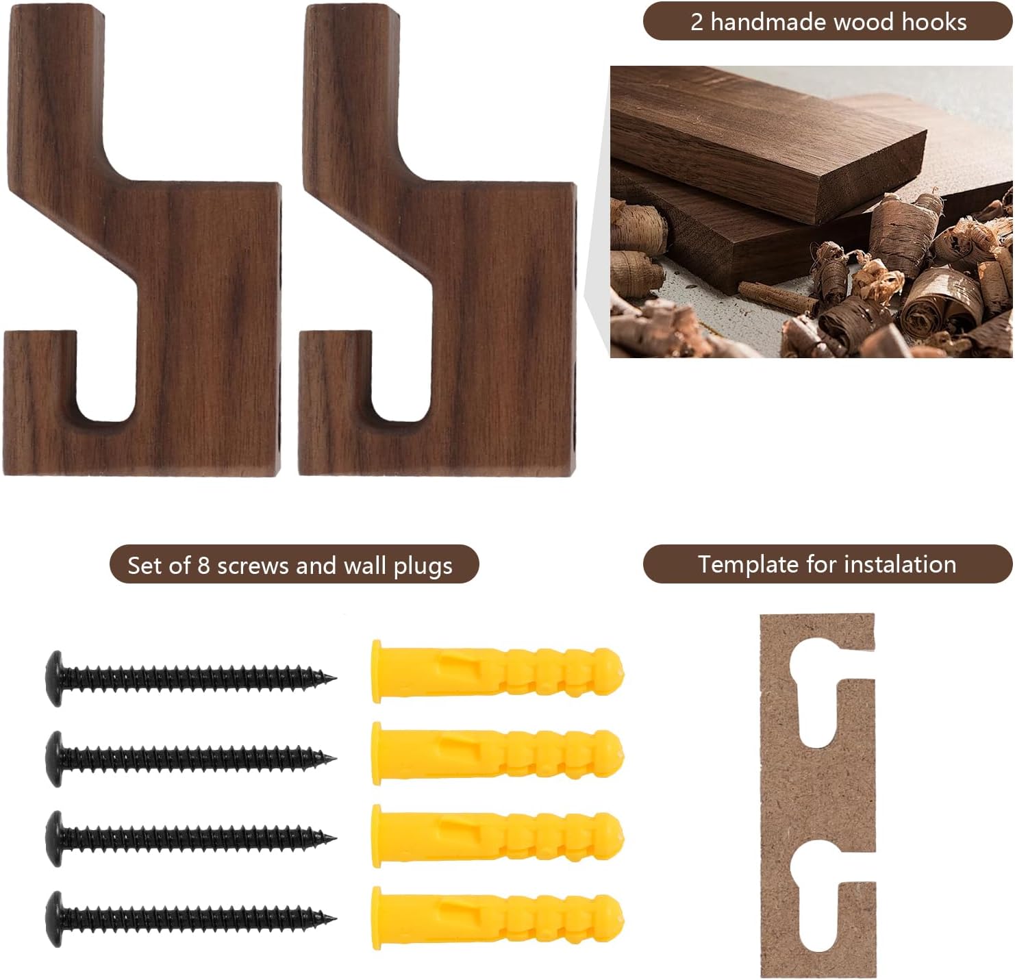 Walnut Wood Wall Peg Rack Hooks 2 Pack, Natural Wooden Coat Hooks Wall Mounted, Handmade Rustic Hat Hangers, Entryway Decorative Hooks Single Organizer for Hanging Towels, Clothes, Bags, Keys