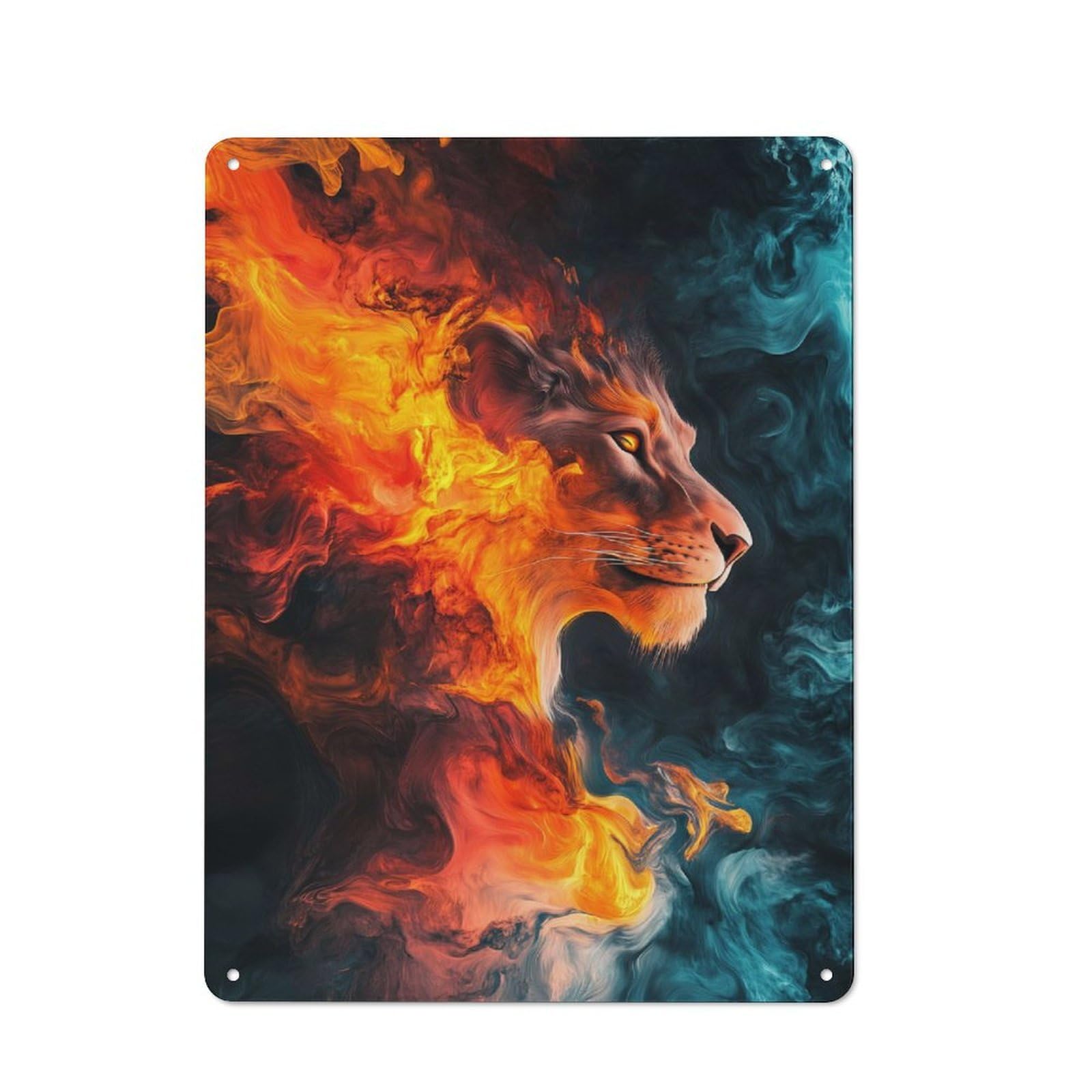 Metal Wall Sign 40x30cm Featuring Fiery Lion in Smoke for Pub Or Café, Housewarming Wall Decor for People Furnishing Pub And Café