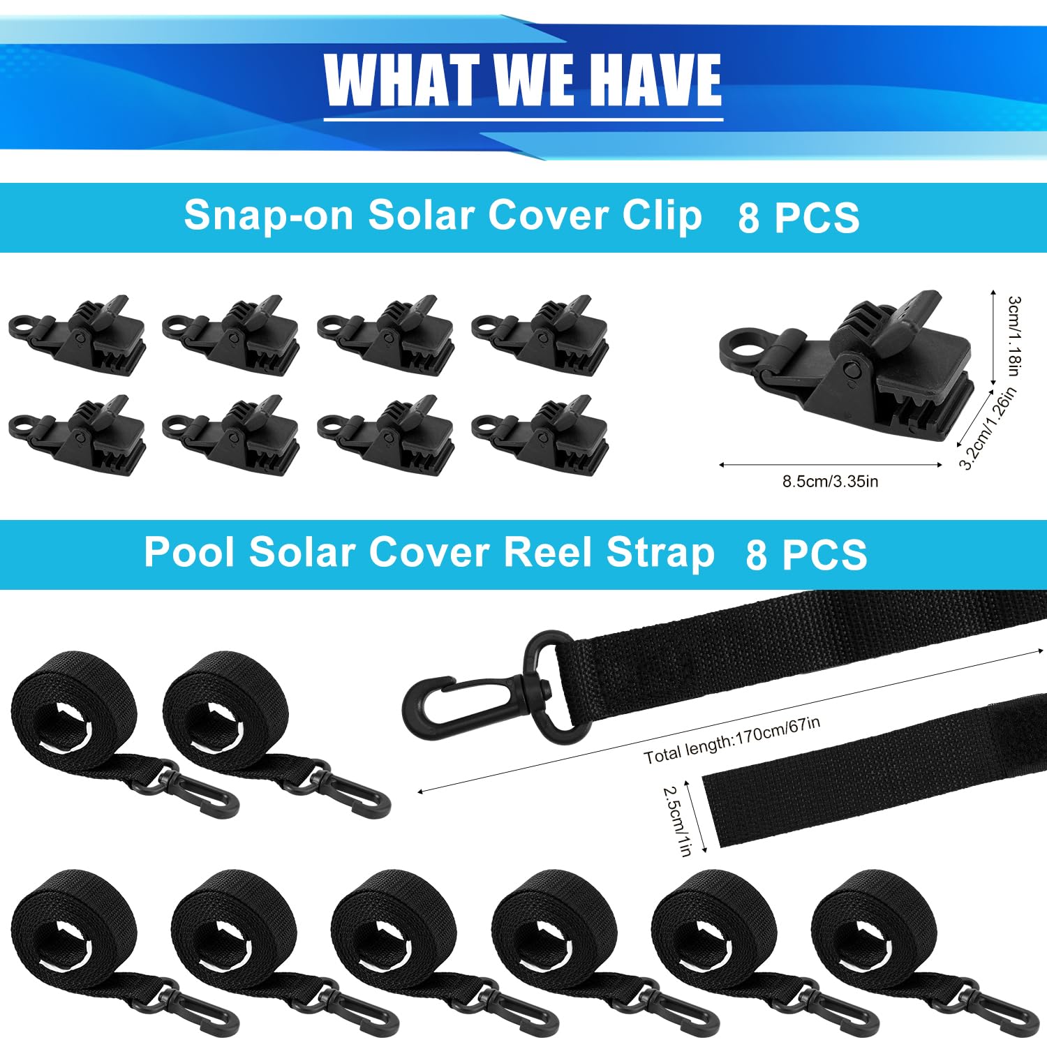 Lyreh 24pcs Kit Fixation pour Enrouleur de Couverture Solaire de Piscine, Comprenant 8 Sangles Couverture Solaire avec Crochets et 8pcs Clips et 8 Attaches Tactiles Accessoires Piscine Creusée