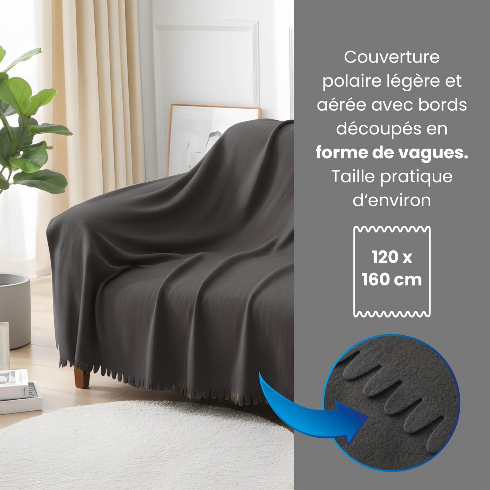 wometo Ensemble de 16 couvertures polaires Wave 120x160 cm – Couverture en polaire douce Oeko-TEX d'environ 300g avec bord ondulé anti-bouloche gris foncé