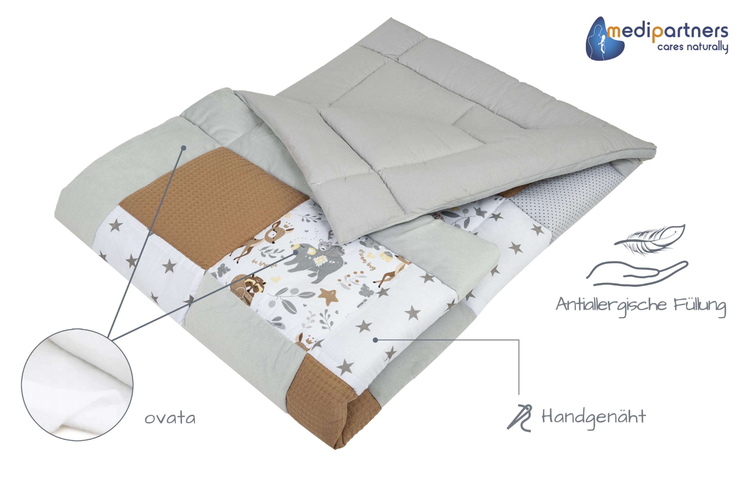 Medi Partners Krabbeldecke für Baby Spielmatte 100% Baumwolle Krabbelmatte - 120x120cm Krabbeldeck Dick Weich Decke Laufgittereinlage Babydecke Minky Waffel Spielbogen (REH)