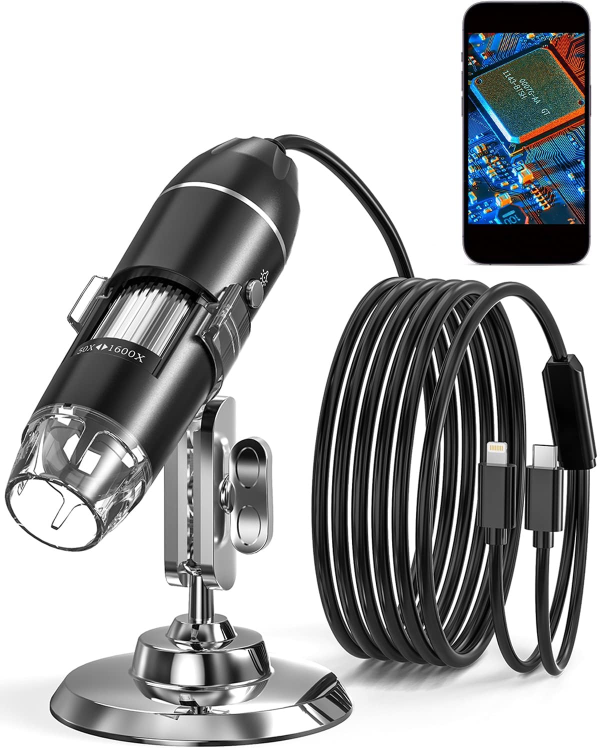 USB Digital Microscope Camera, Handheld HD Inspection Camera 50x-1600x Magnification with Adjustable Stand, 8 LED Lights, Portable Microscopes Compatible with iOS & Android Devices（Black-image-34