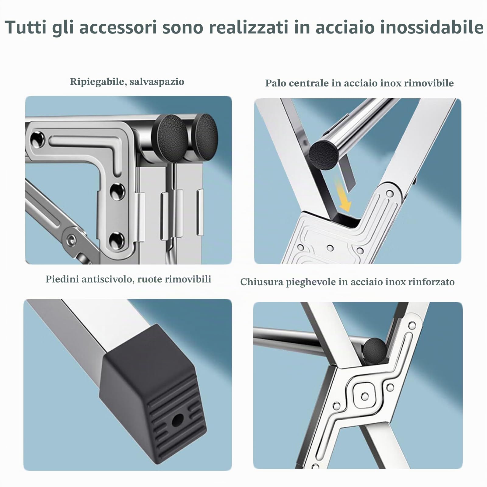 Stendino da Esterno Resistente Grande, Stendibiancheria Allungabile Acciaio Inox, Stendibiancheria Acciaio da Pavimento con Rotelle, per Interno/Esterno,A,240cm