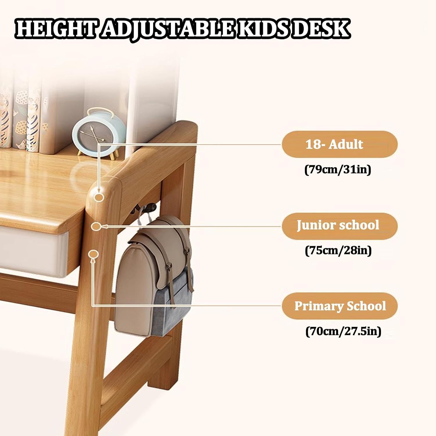 Kids Desk with Bookshelf, Height Adjustable Childrens Desk and Chair Set for 8-12 Year Old, Student Desk with Shelves, Drawer and Hooks, Large Storage Walnut Color 80cm Desk