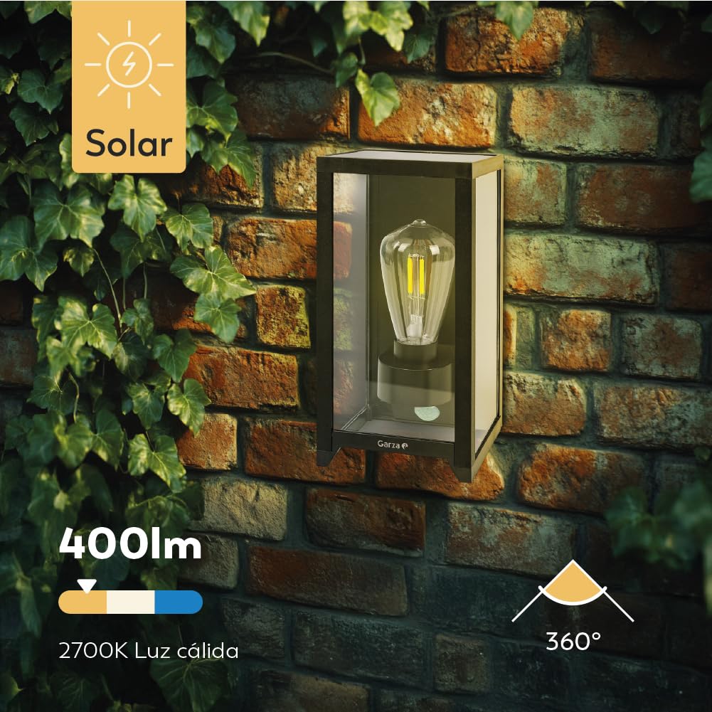 Garza - Aplique de Exterior Solar LED Vintage 400lm, 2700K. Iluminación 360º, Sensor de Movimiento, IP44, 8h Autonomía, Instalación en Pared.