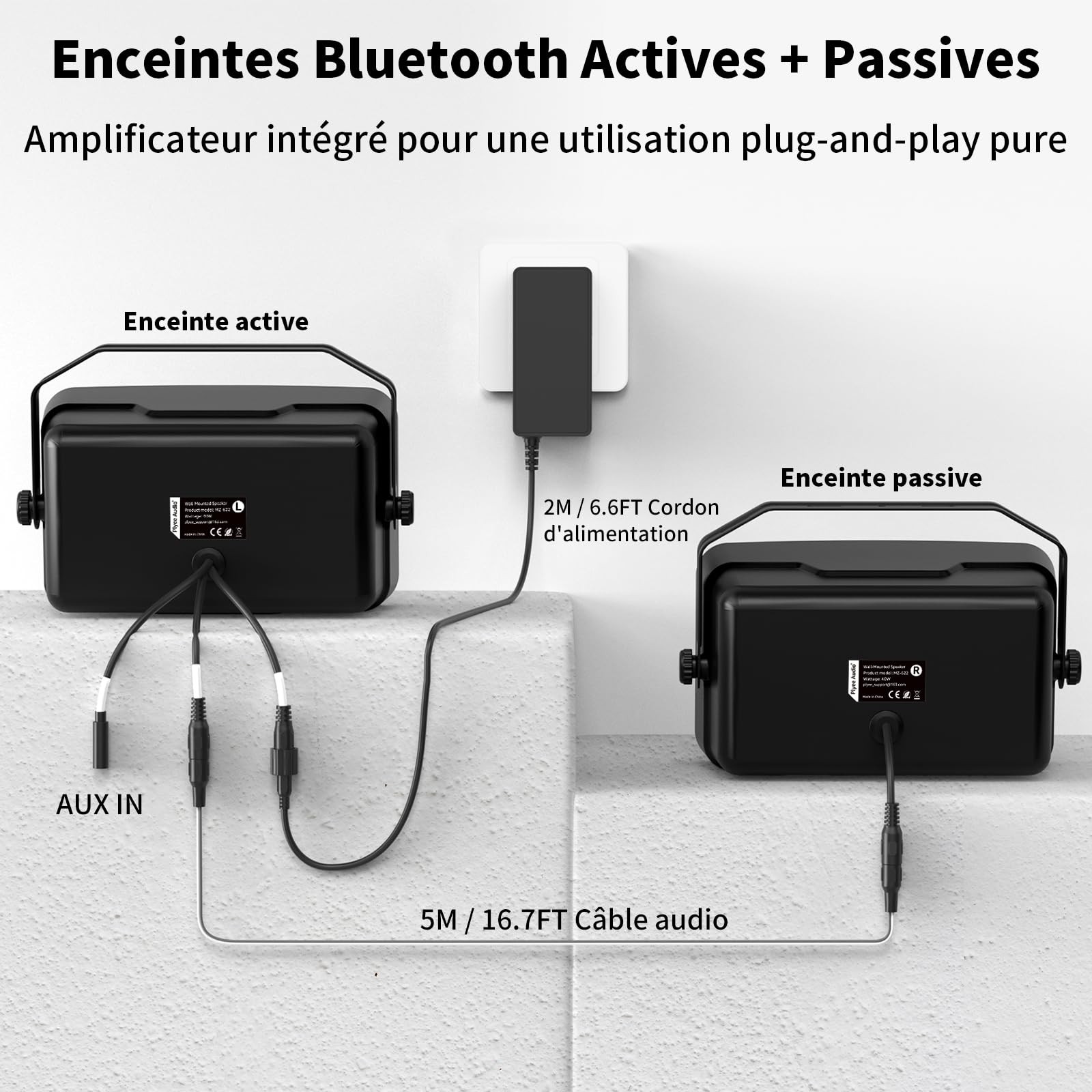Enceinte Bluetooth Extérieur, Enceinte Murale Active + Passive, Prise en Charge Bluetooth et Entrée Aux, Amplificateur Intégré, Adaptée pour Terrasse, Véranda, Garage, Pack de 2 (MZ-622)