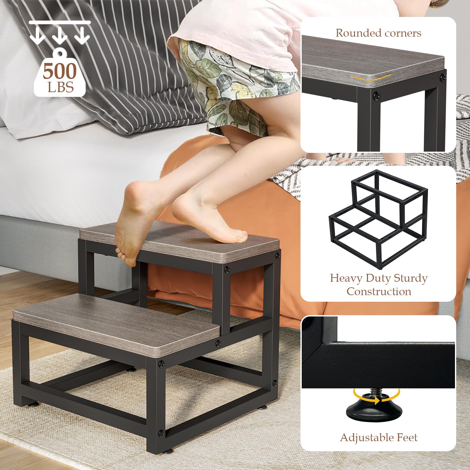 Taburete de madera, estable y práctico, taburete de 2 niveles para niños y adultos, función antideslizante, antideslizante, asiento seguro, baño, dormitorio, balcón