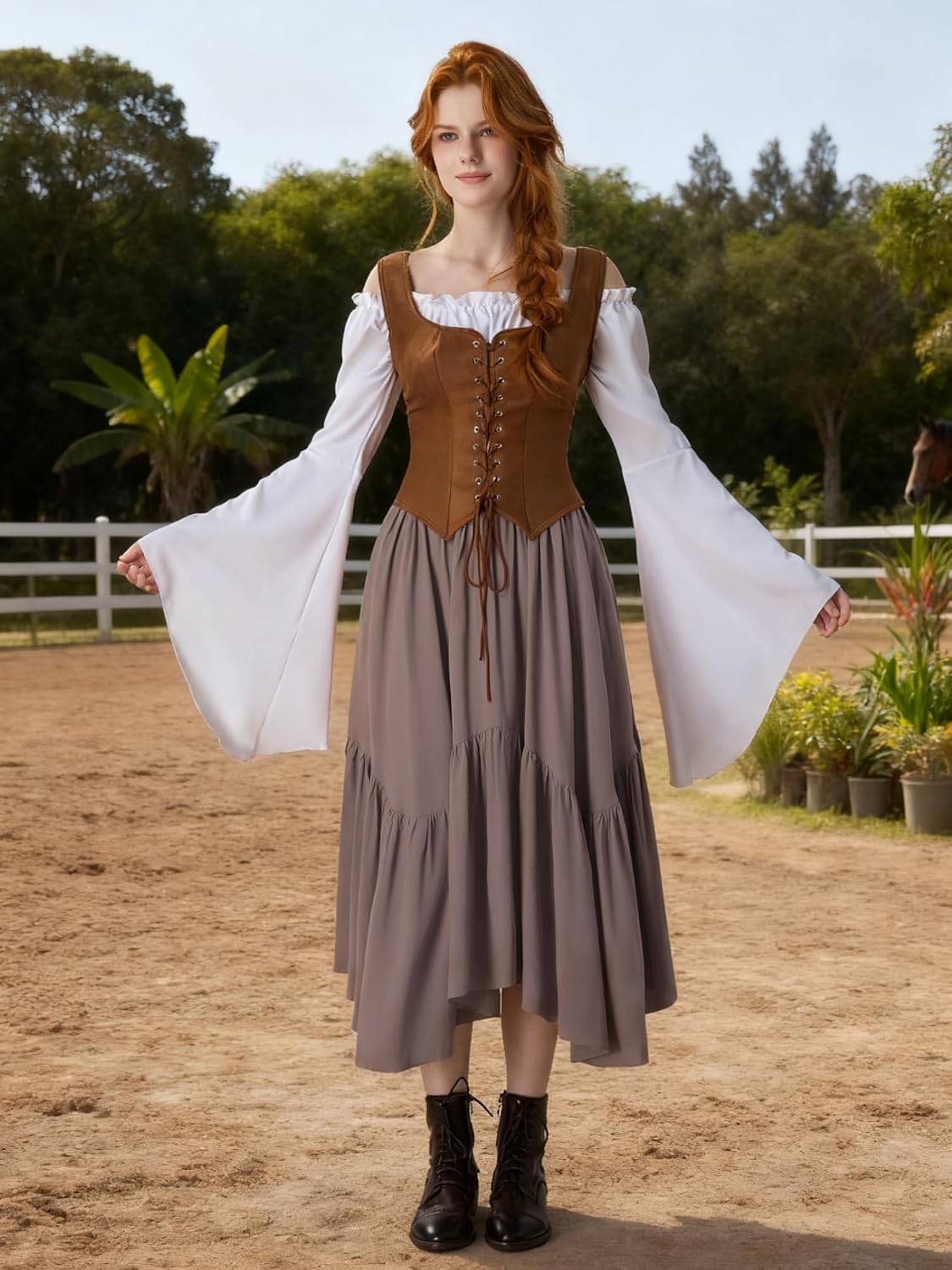 YESSA Renaissance Maxi Skirt with Corset Belt,Renaissance Costumes Pirate Medieval Skirt with Pocket,Ren Faire Costume Outfit - Image 2