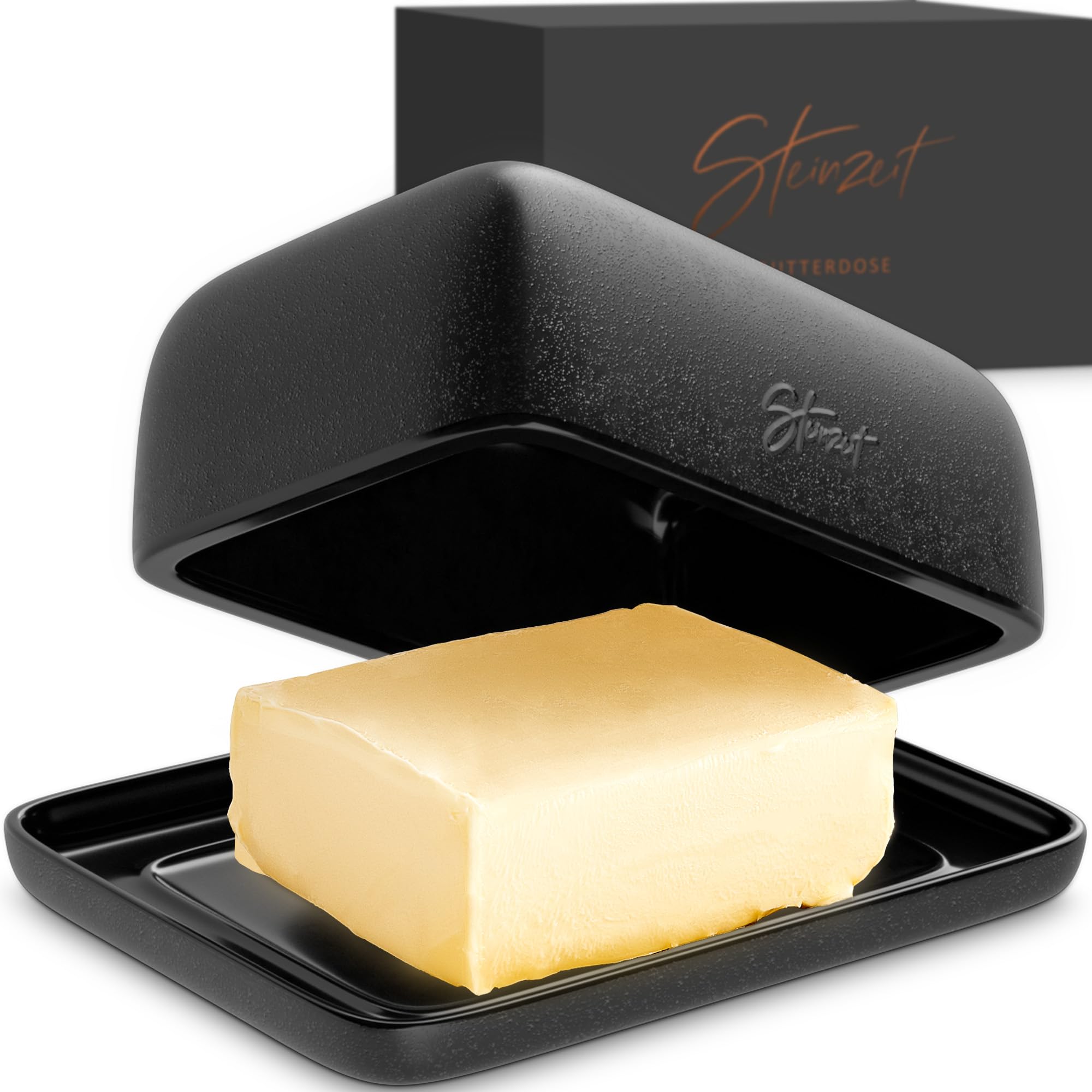 Steinzeit Burriera Design - Porta burro da frigorifero - burriera in ceramica per tutti i tipi di burro comuni (250 g) - Piatto per burro adatto alla lavastoviglie - portaburro da frigo