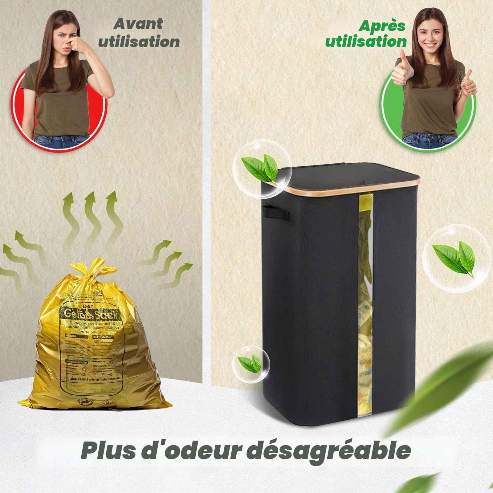 Support pour Sac Poubelle 100 l avec Fenêtre Transparente et Couvercle - Grand Format - Noir