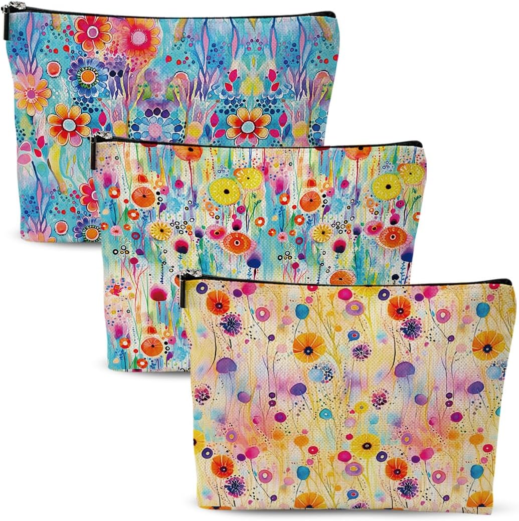 3Pcs Watercolor Flowers Cosmetic Bags for Women, Makeup Bag, Cute Travel Toiletry Bag Make up Bag Zipper Organizer Bachelorette Party Christmas Birthday Friendship Gifts for Girls Bride Mom Bestie