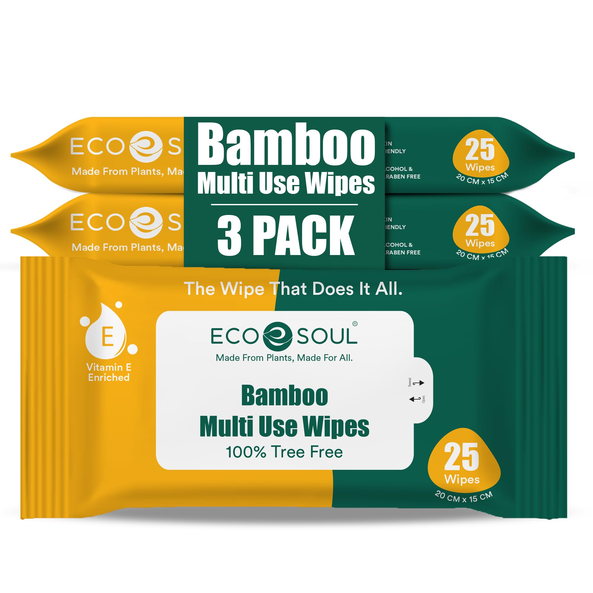 EcoSoul Bamboo Multi Use Wet Wipes | 25 Count (Pack of 3) | 100% Natural & Eco-Friendly Cleaning Wipes | Wipes for Face Cleaning, Daily Hygiene & On-The-Go Use | Wipes for Women & Men-image-34
