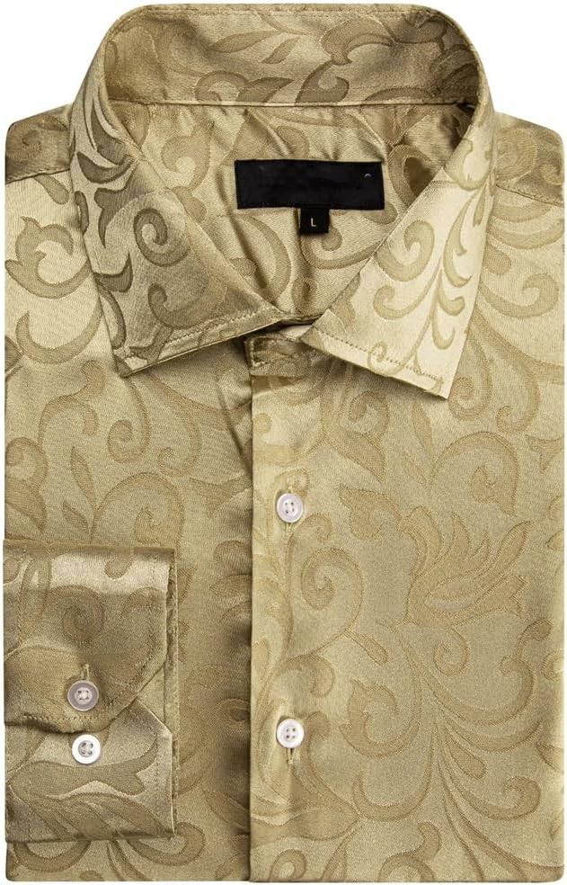 Men Silk Long Sleeve Brown Khaki Flower Slim Fit Male Blouese Casual Tops Formal Breathable