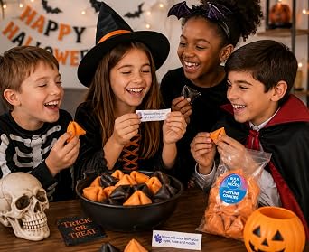 Fun Express Halloween Fortune Cookies Bulk 50 Pack - Individually Wrapped Orange & Black Cookies with Spooky Fortunes | Perfect Halloween Treats for Trick-or-Treaters, Party Favors & Fall Events