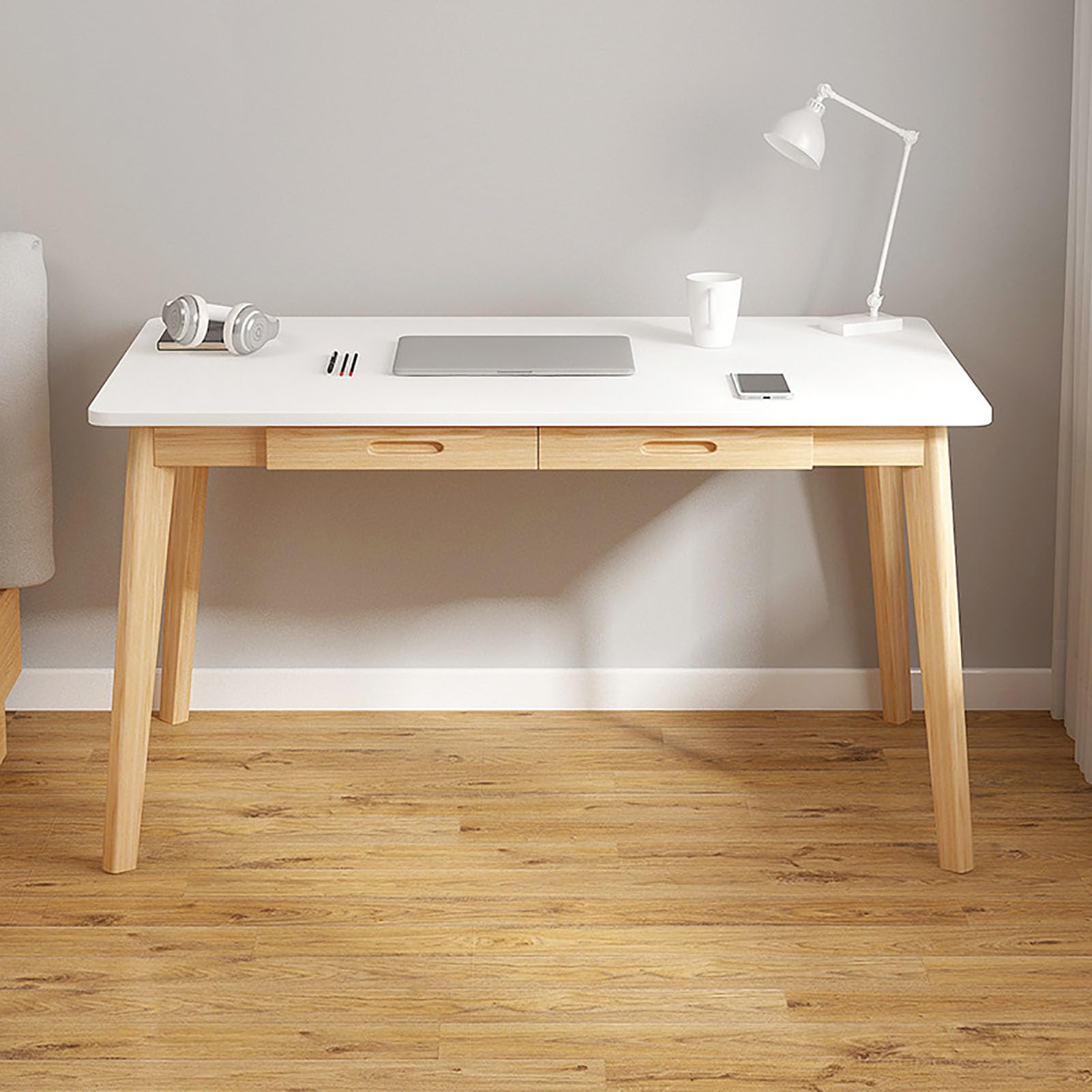 Biurko z drewna z 2 szufladami, miejsce pracy w domu, proste, stół roboczy PC, stabilny stół do sypialni i (120 x 55 x 72 cm, białe)