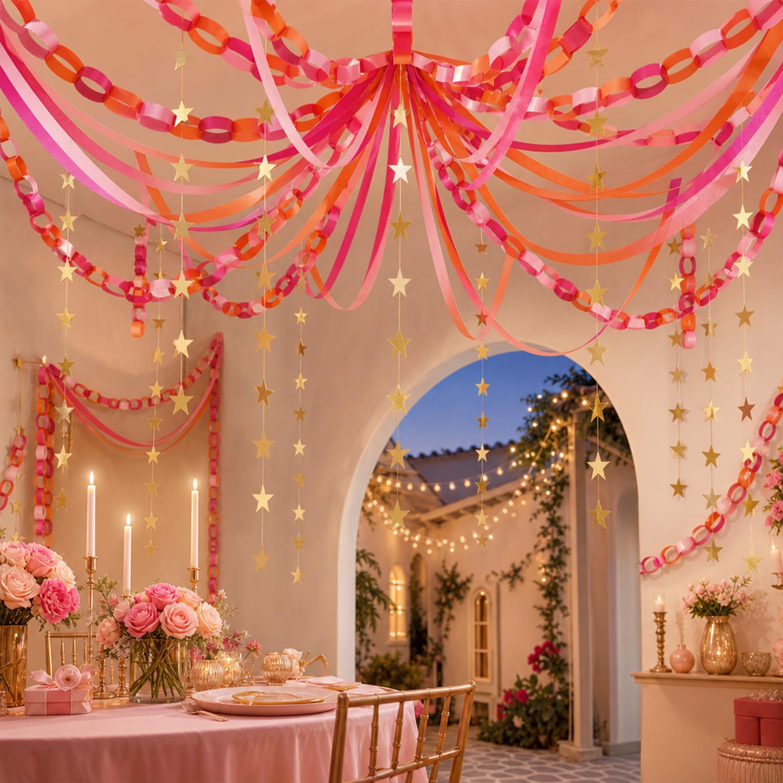 JarThenaAMCS Krepppapier-Luftschlangen und goldene Sterngirlanden, 150 m, 300 Stück Papierketten, Streifen, hängende Banner, Dekoration für Hochzeit, Geburtstag, Party, Dekoration, Basteln, 150 m