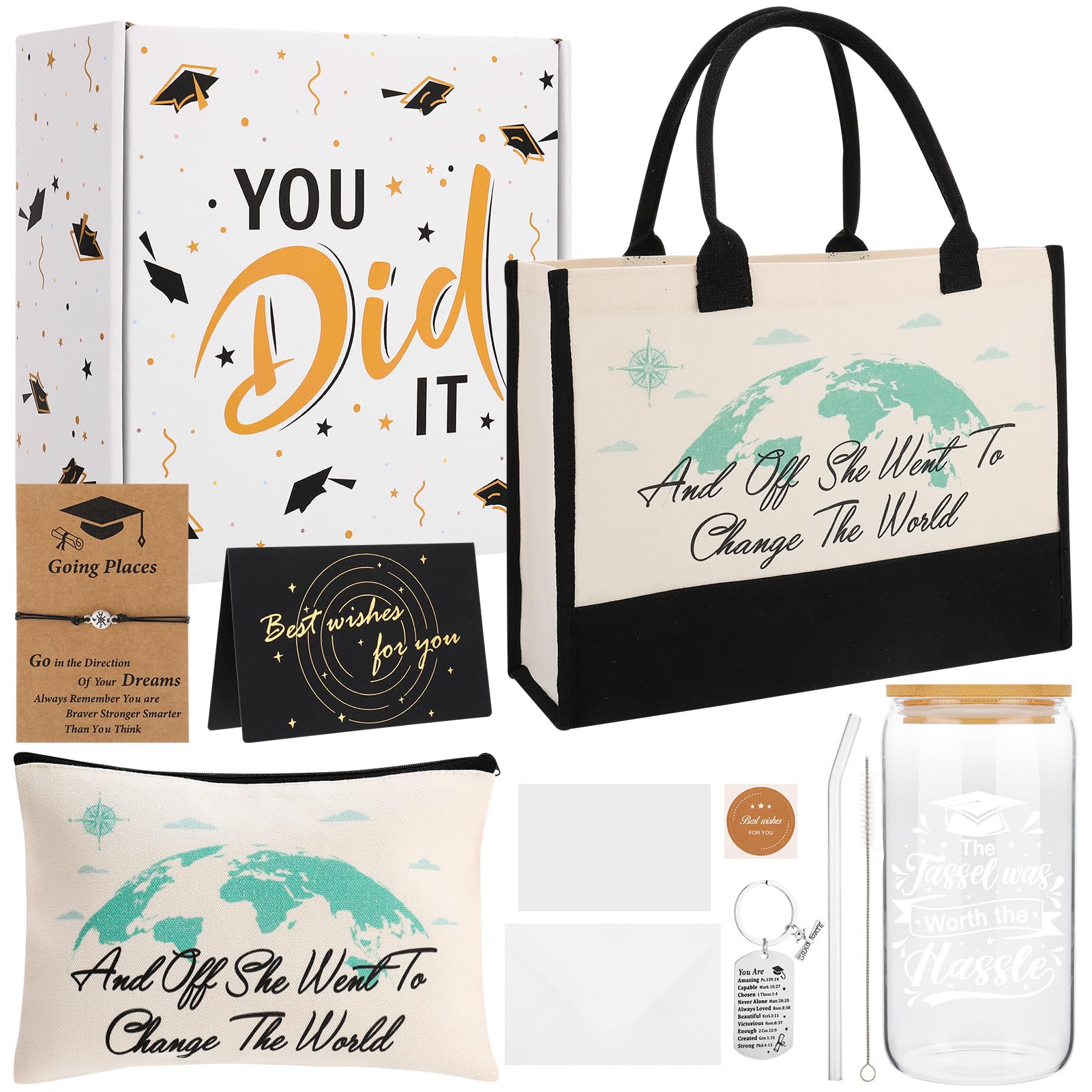 saerryor 6 Pieces Graduation Gift Set, Graduation Prensent with Tote Bag Canvas Cosmetic Bag Card Keychain Bracelet 16 Oze Glass for Her College High School Spiritual Motivational