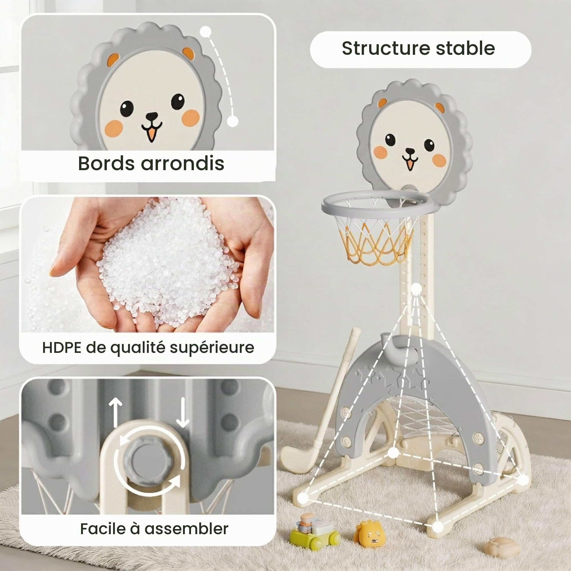 3 en 1 Panier de Basket Enfant - Hauteur Réglable avec But de Football et Lancer d’Anneaux, Mini Panier de Basket, Intérieur et Extérieur, pour Tout-Petits, Gris