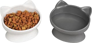Kitty City Elevated Raised Cat Bowls Set of 2 - Whisker-Friendly 6.5oz Food & Water Dishes, Modern Pedestal, Dishwasher Safe - White & Gray