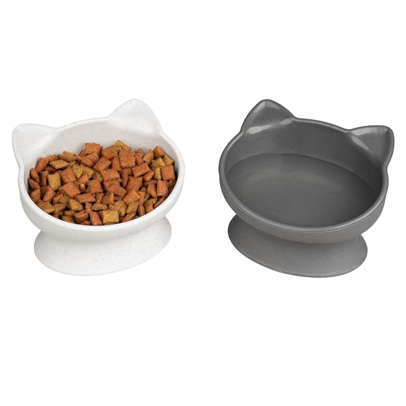 Potes elevados para gatos Kitty City com design ergonômico, plástico e laváveis na lava-louças, 195 mL cada, Branco e Cinza, Tamanho Pequeno, Pacote com 2