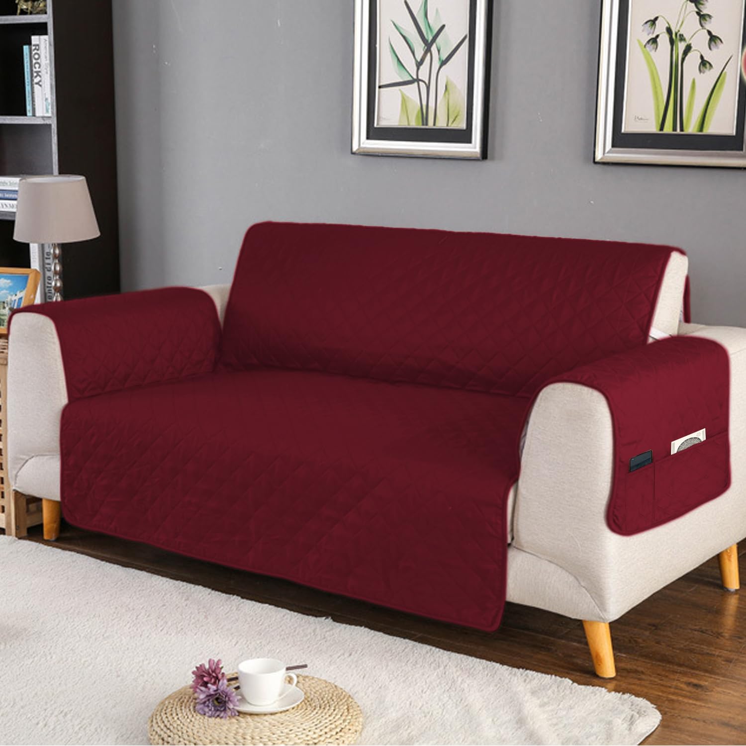 BESCH Funda Cubre Sofá Reversible para 3 Plazas con Bolsillos Lateral - Protector para Sofá, Elástico, Extrasuave y Antideslizante Color Rojo