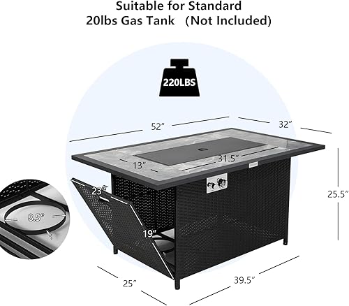 Miniatura 5 de Tangkula Patiojoy - Mesa de mimbre de propano para patio de 52 pulgadas, mesa de fuego de gas para exteriores de 50,000 BTU con encendido