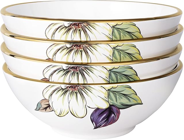 fanquare Porcelain Salad Soup Bowl Set of 4, 720 ml Japanese Flower and Leaf Pattern Cereal Bowl, Stackable Ramen Bowl, Large