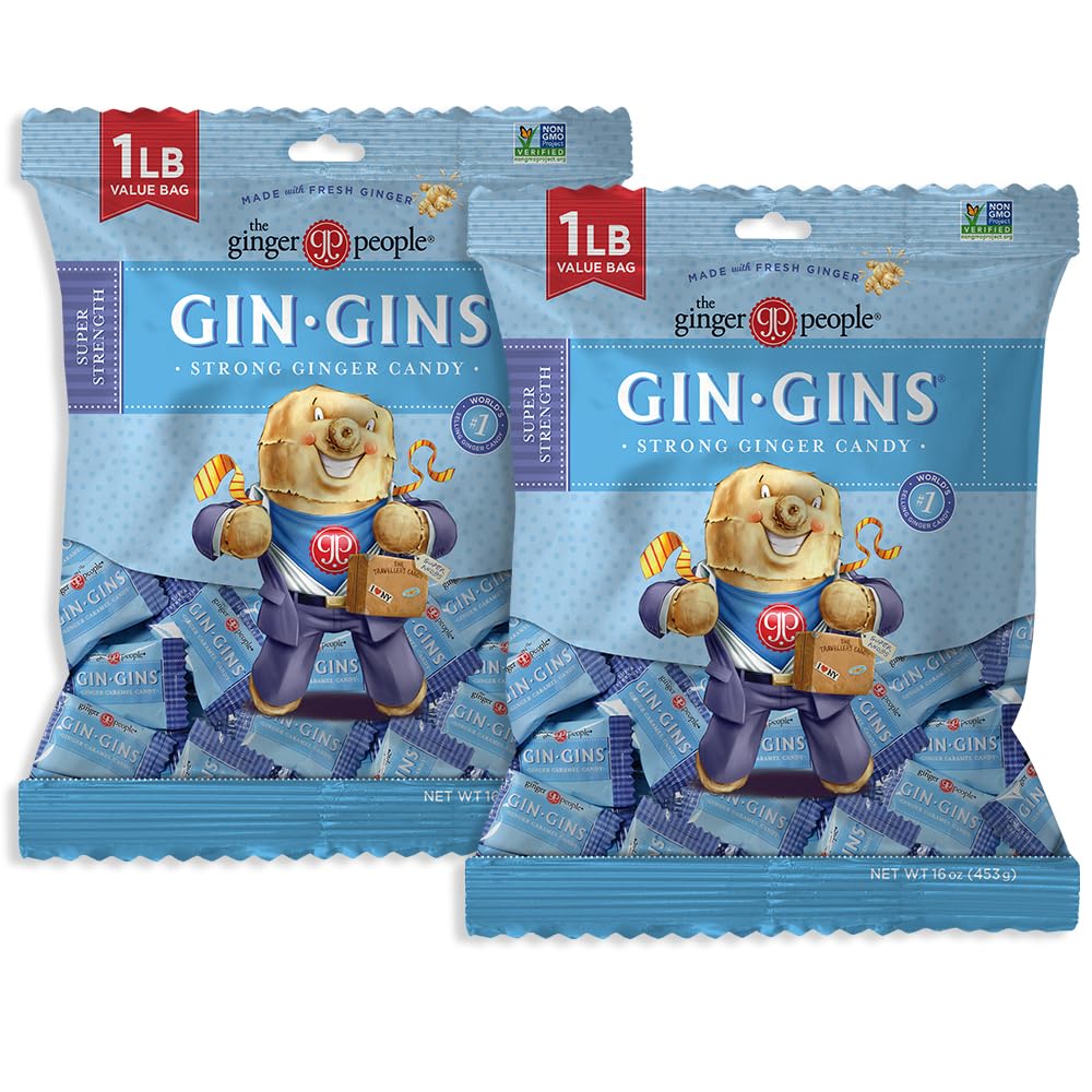GIN GINS Super Strength – Natural Ginger Candy by The Ginger People – Individually Wrapped Healthy Candy – Super Strength Flavor – Large 1 lb Bag (16oz) – Pack of 2